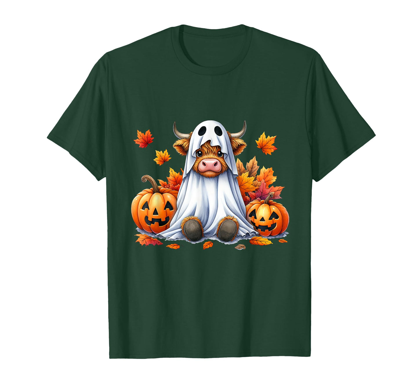 Funny Halloween Highland Cow Ghost Spooky Pumpkin Hello Fall T-Shirt