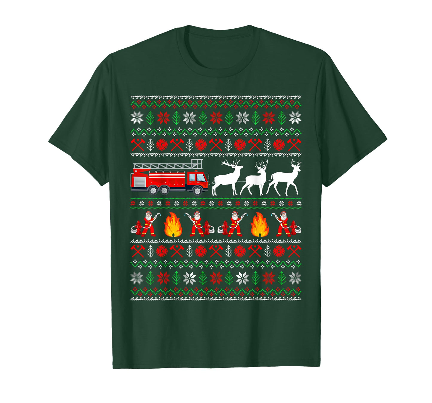 Fire Truck Reindeer Santa Ugly Sweater Firefighter Christmas T-Shirt