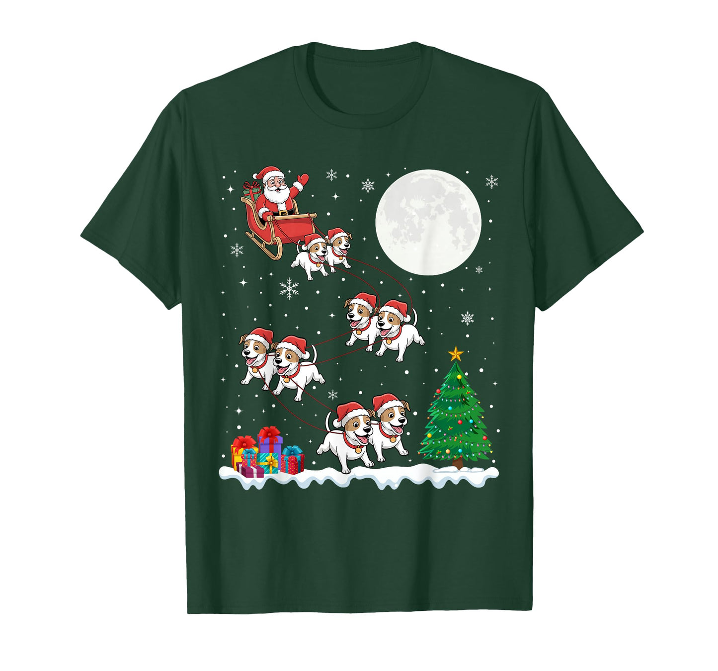Xmas Tree Lights Santa Riding Sleigh Jack Russell Terrier T-Shirt