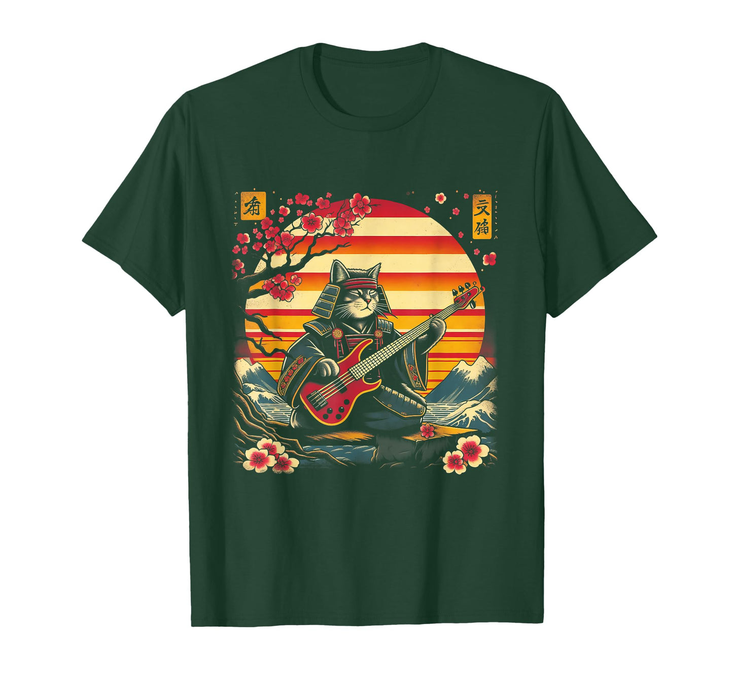 Japanese Samurai Cat Playing The Bass Ninja Kitten Warriors T-Shirt