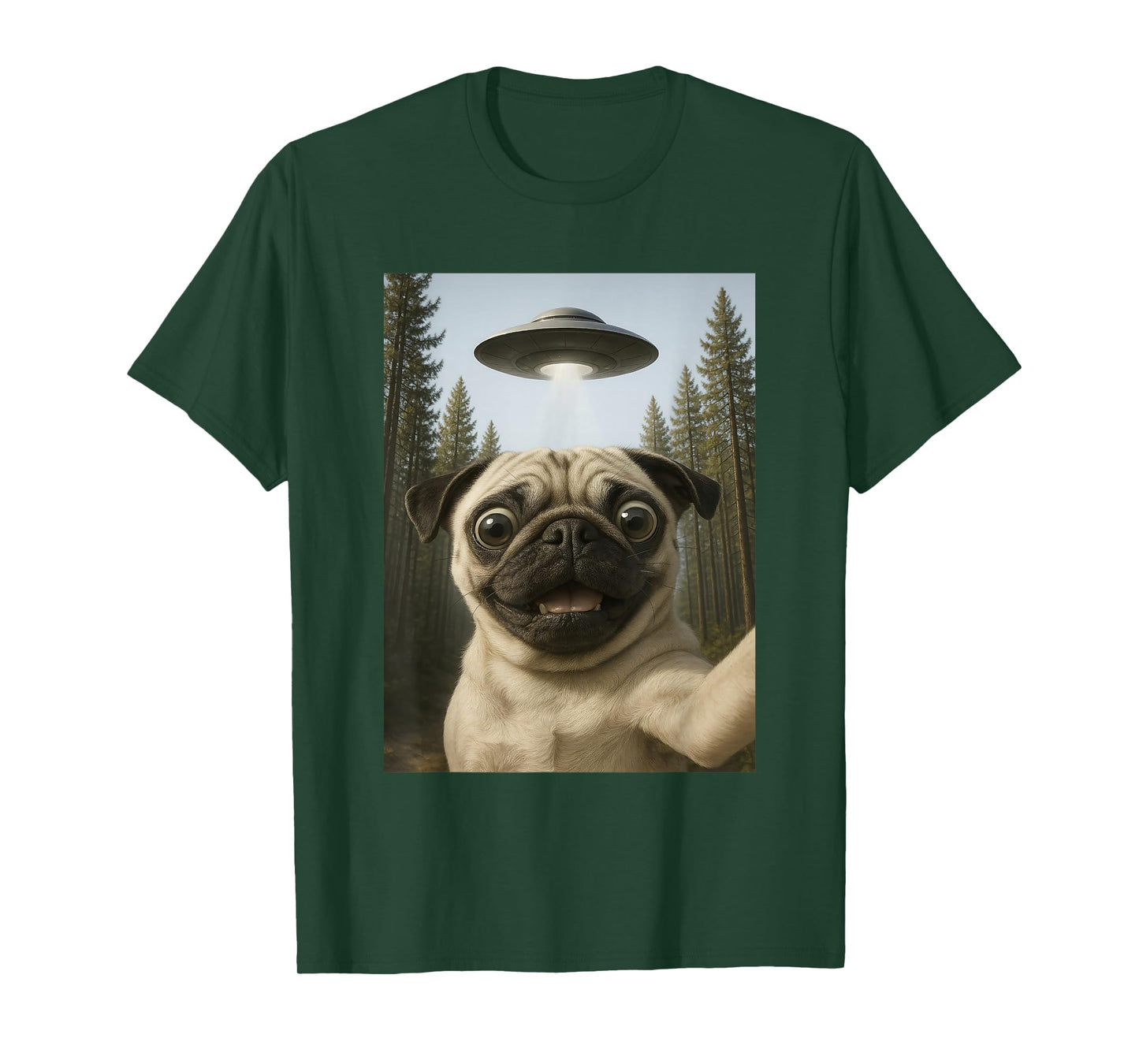 Funny Pug Selfie with UFO Alien Dog Humor for Pug Lover T-Shirt