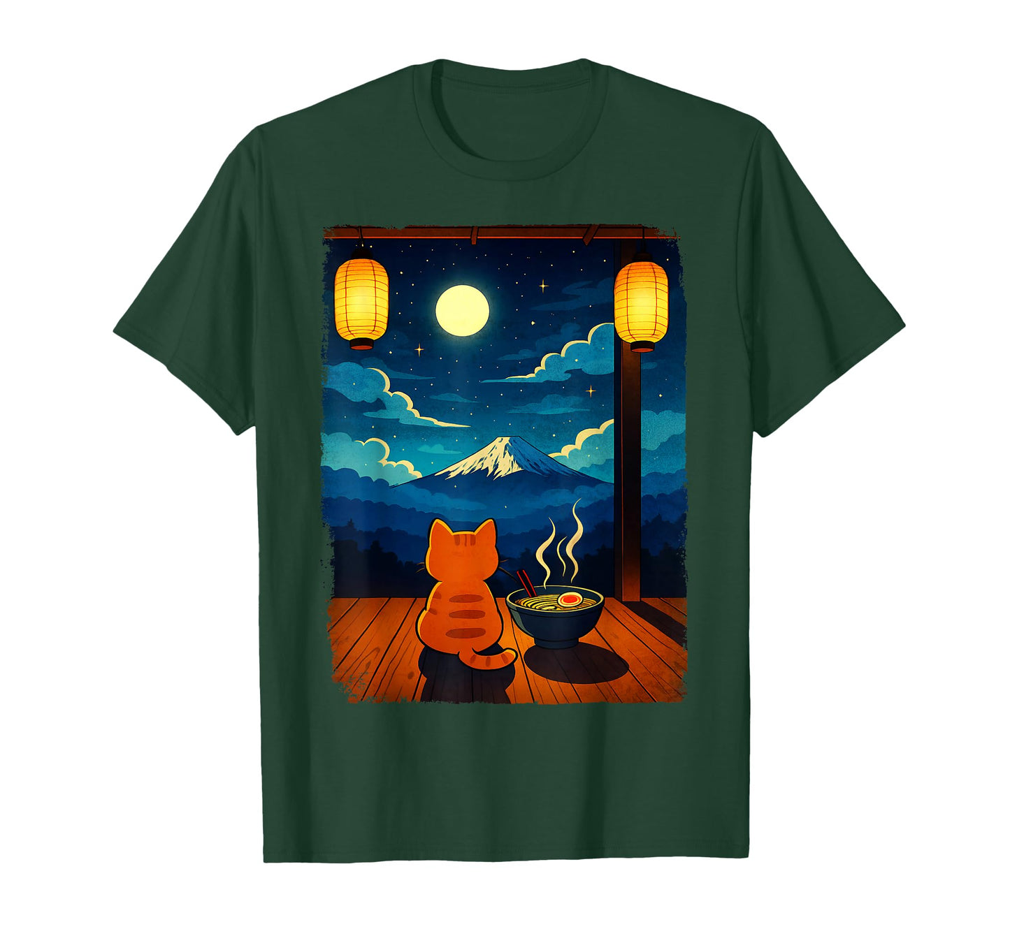 Cat Ramen Kawaii Mount Fuji Zen Aesthetic Japanese Graphic T-Shirt