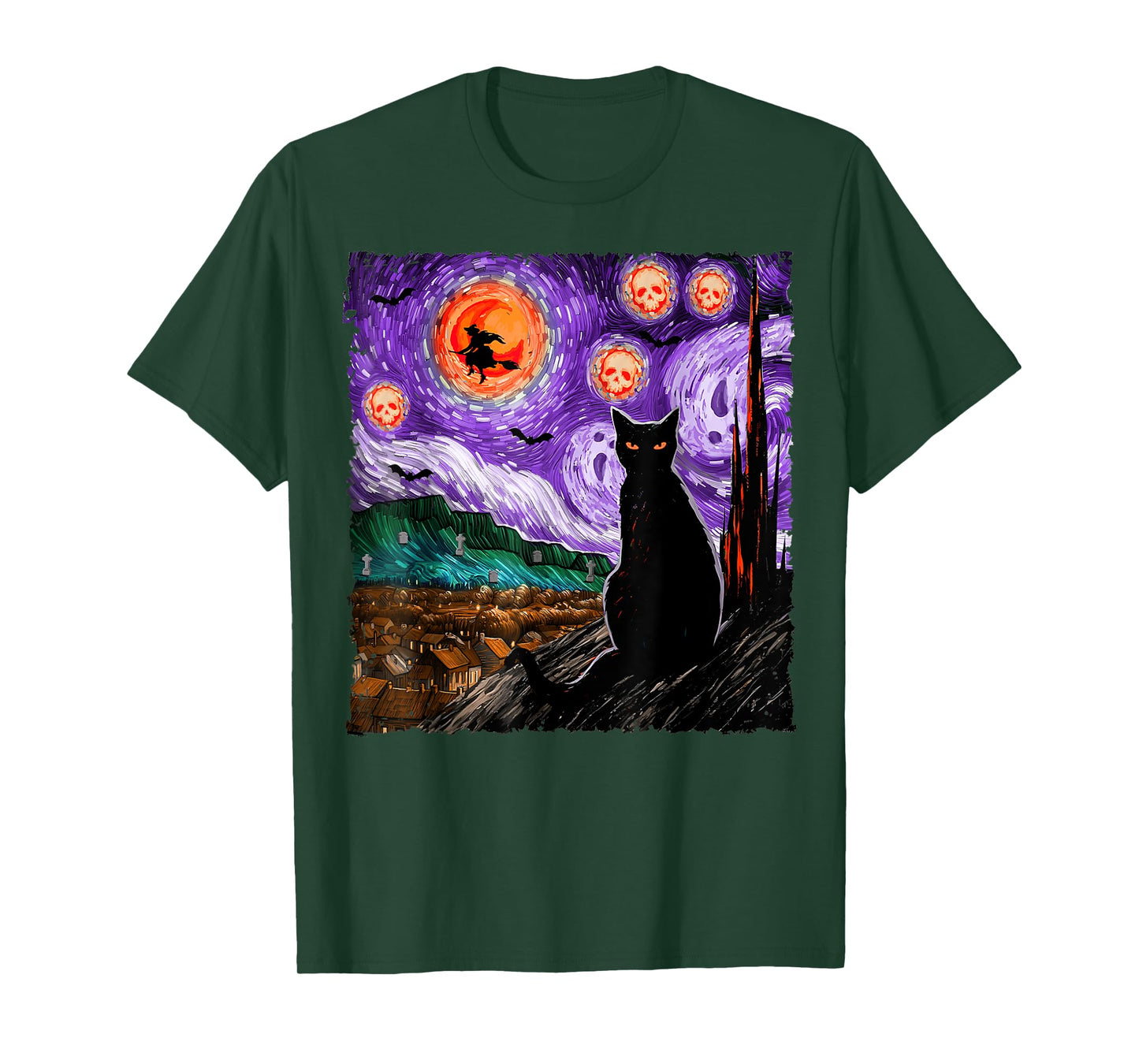 Halloween Starry Night Black Cat Kitten Spooky Ghost Witch T-Shirt