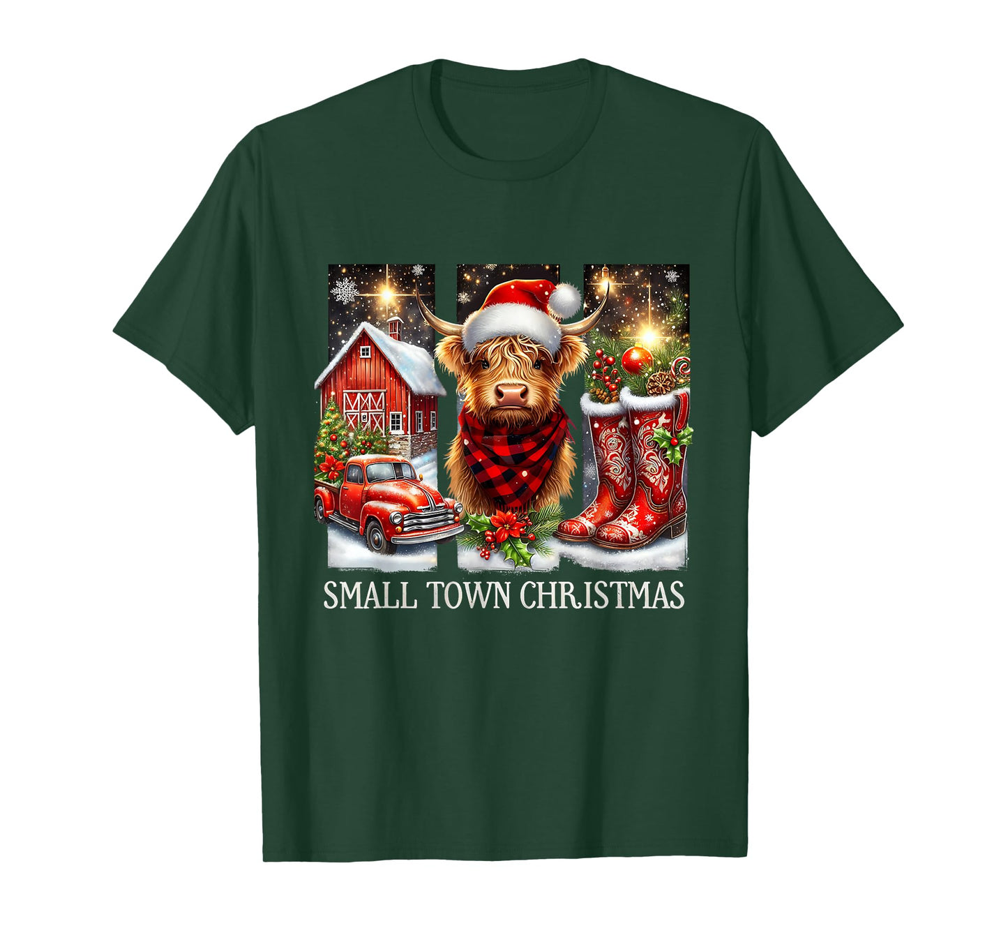 Small Town Christmas Highland Cow Western Art T-Shirt