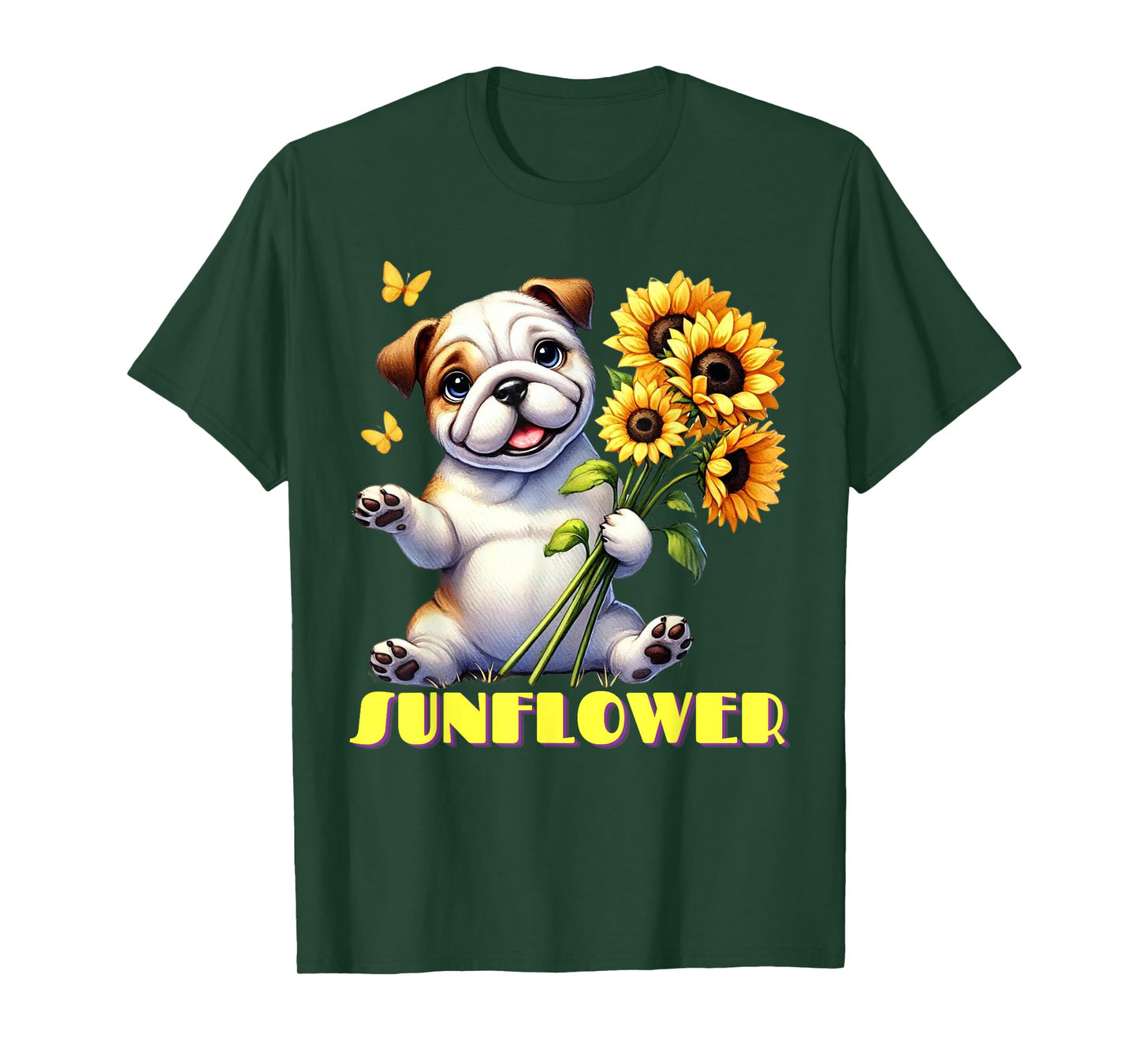 A Cute Bulldog Dog Holding Sunflower Bouquet T-Shirt