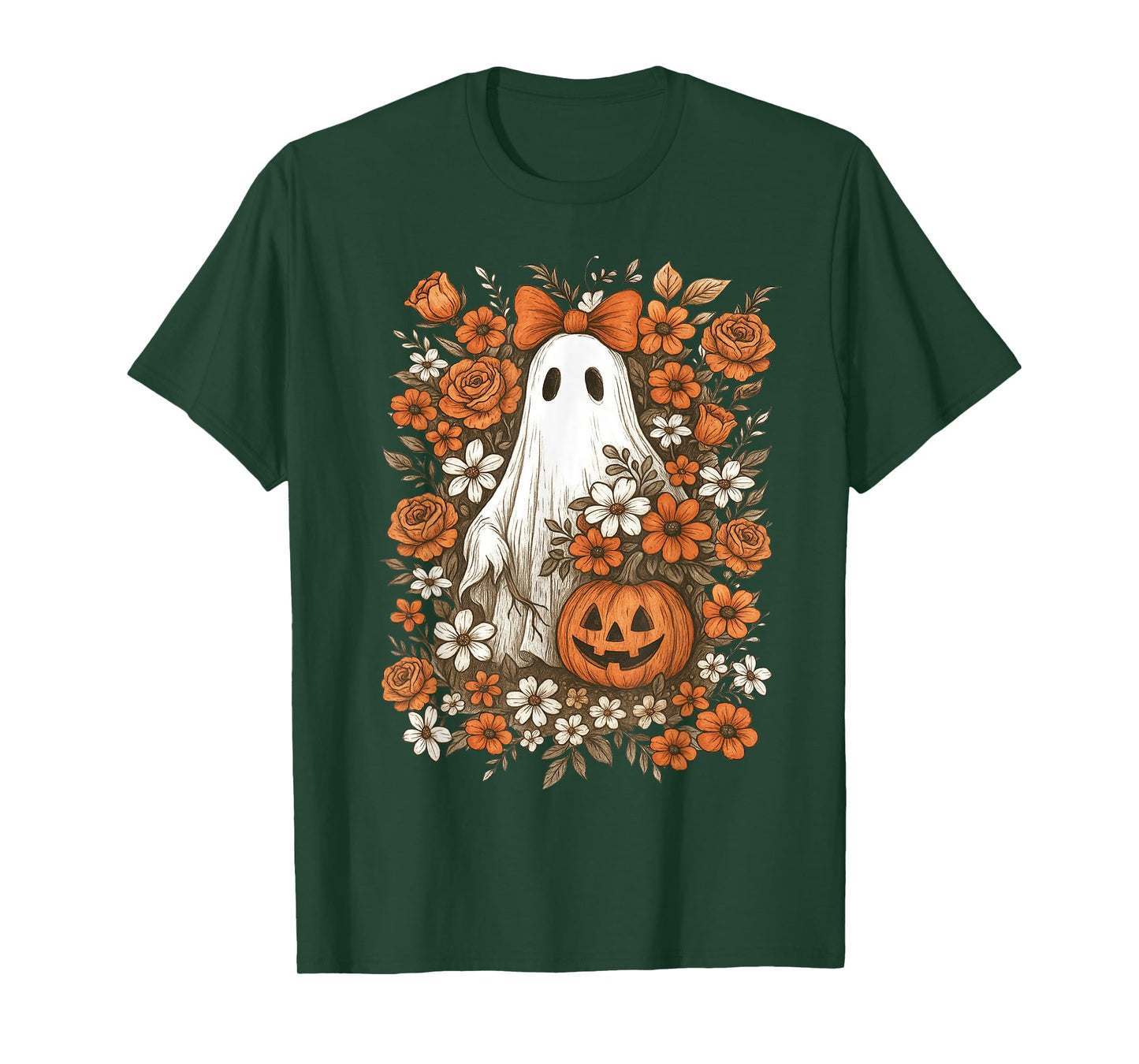 Retro Floral Ghost Cute Pumpkin Autumn Halloween Women Kids T-Shirt