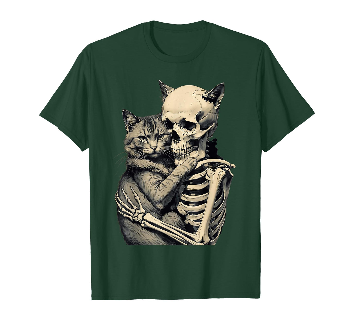 Skeleton Hugging Cat Lover Halloween Tee Funny Apparel T-Shirt
