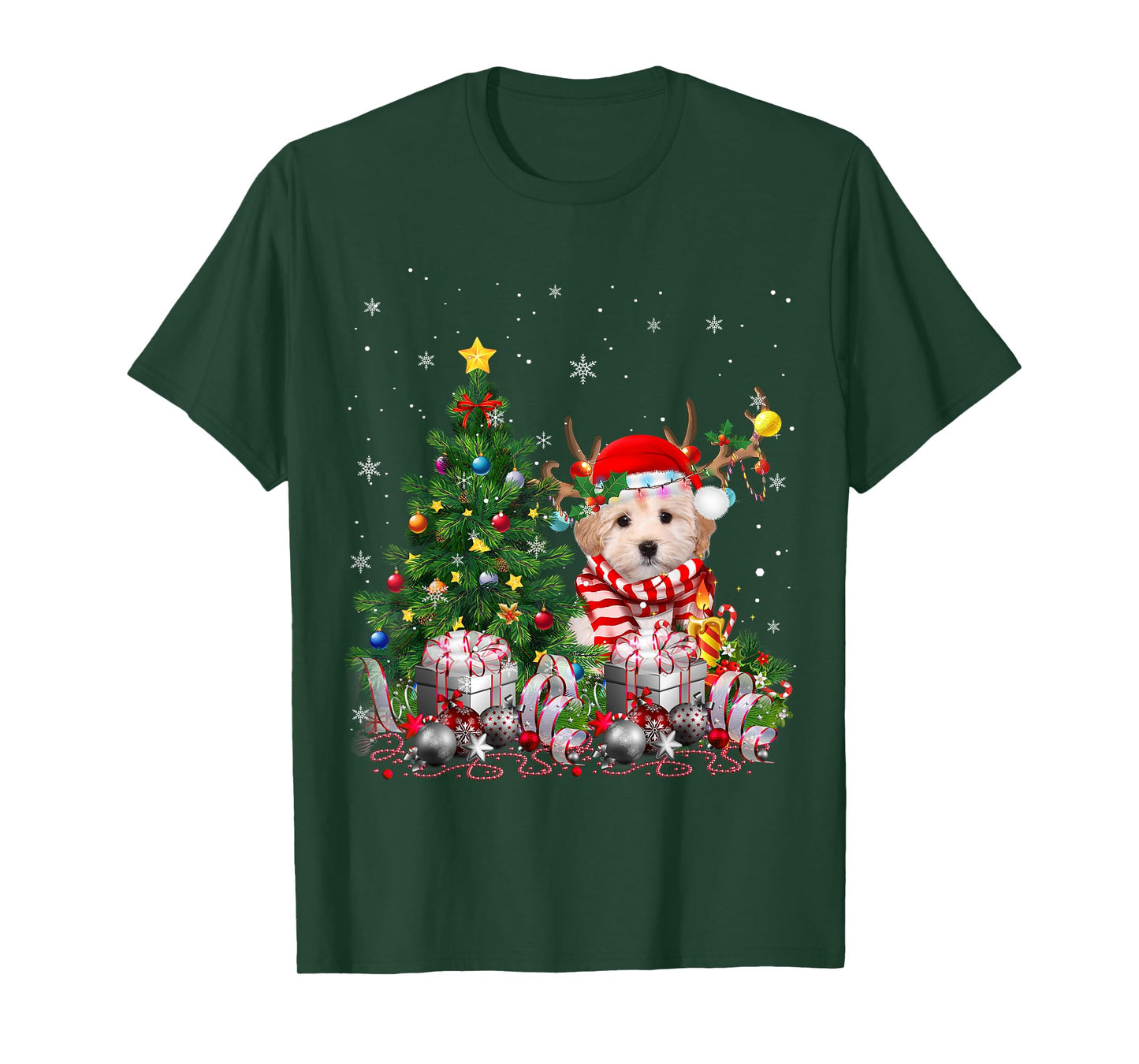 Maltipoo Dog Christmas Tree Lights Santa Pajamas Xmas T-Shirt for Men Women Kids