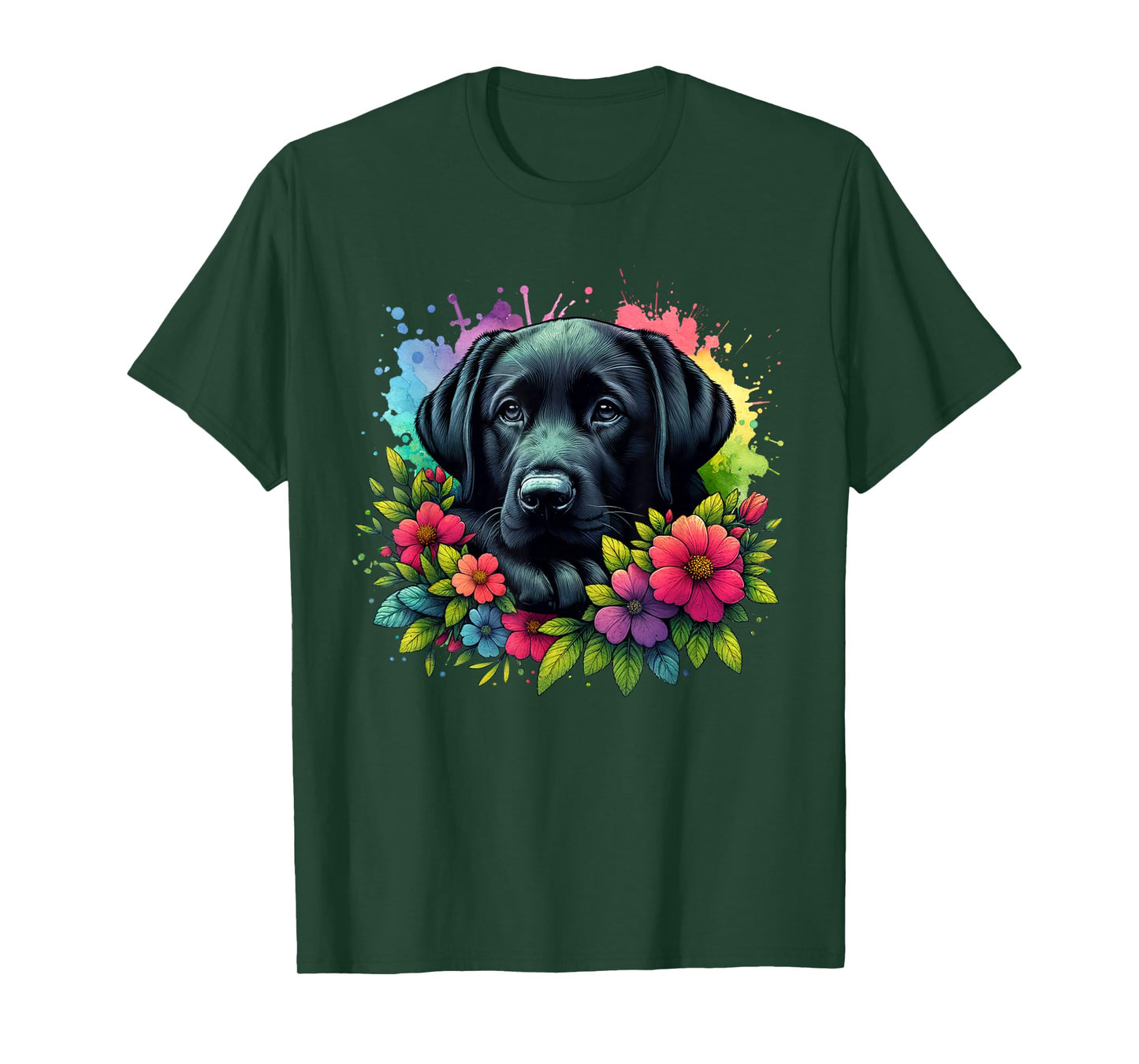 Cute Labrador Retriever Lover Black Lab in Colorful flowers T-Shirt