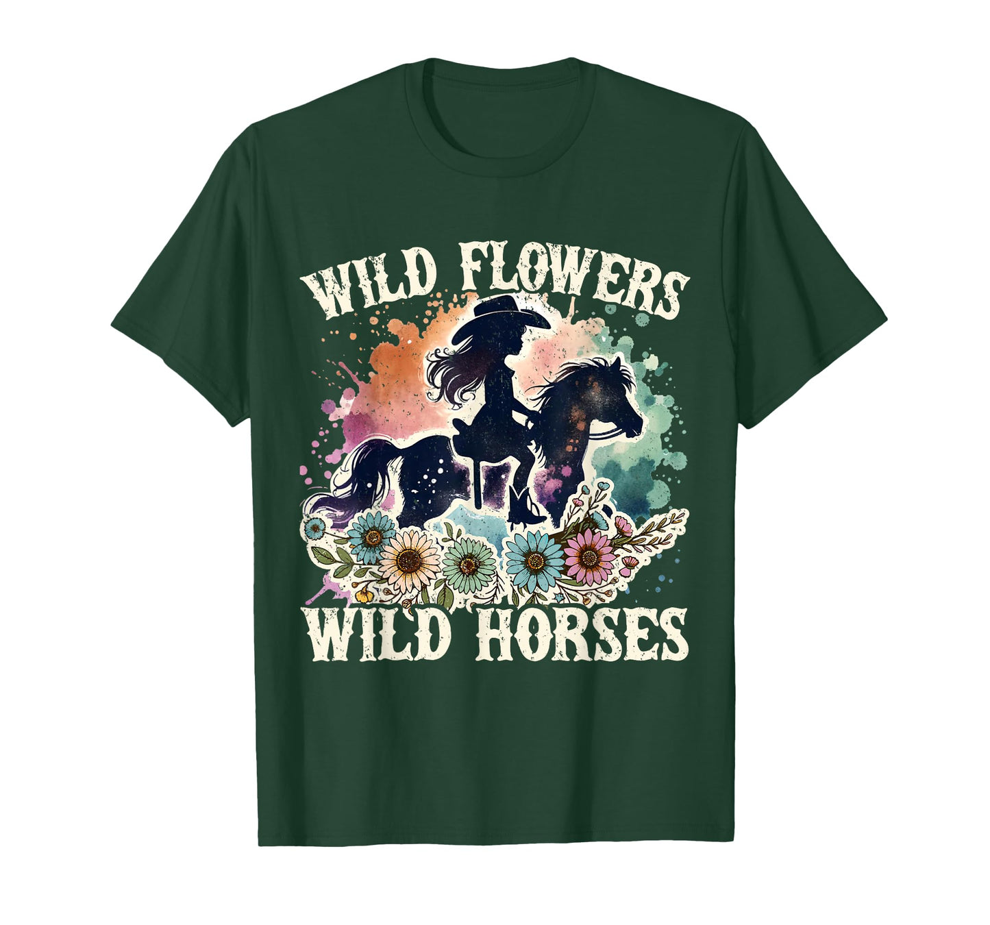 Wild Flowers Wild Horses Retro Southern Sunset Cowgirl Women T-Shirt