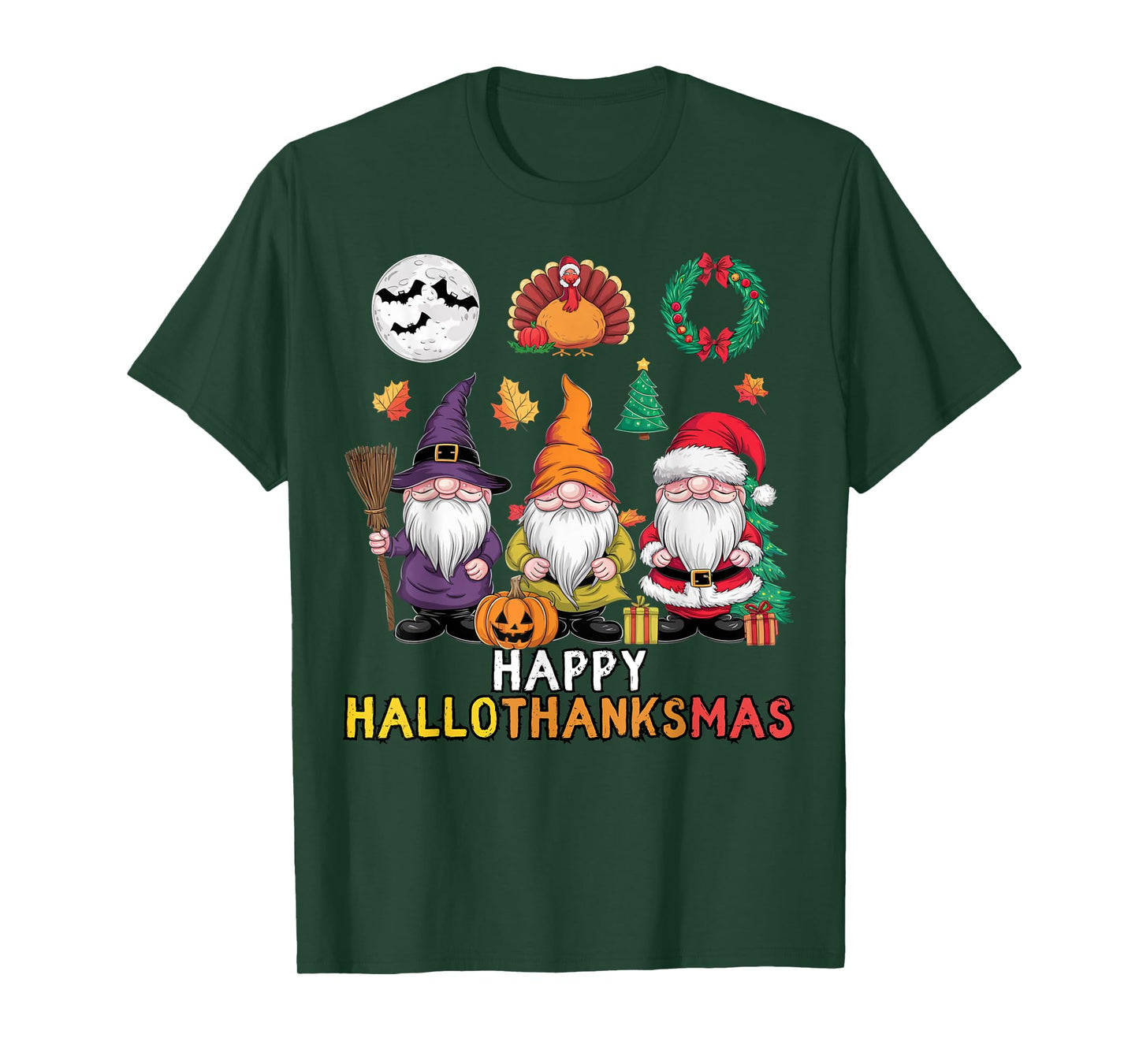 Happy Hallothanksmas Christmas Halloween Gnomes Thanksgiving T-Shirt