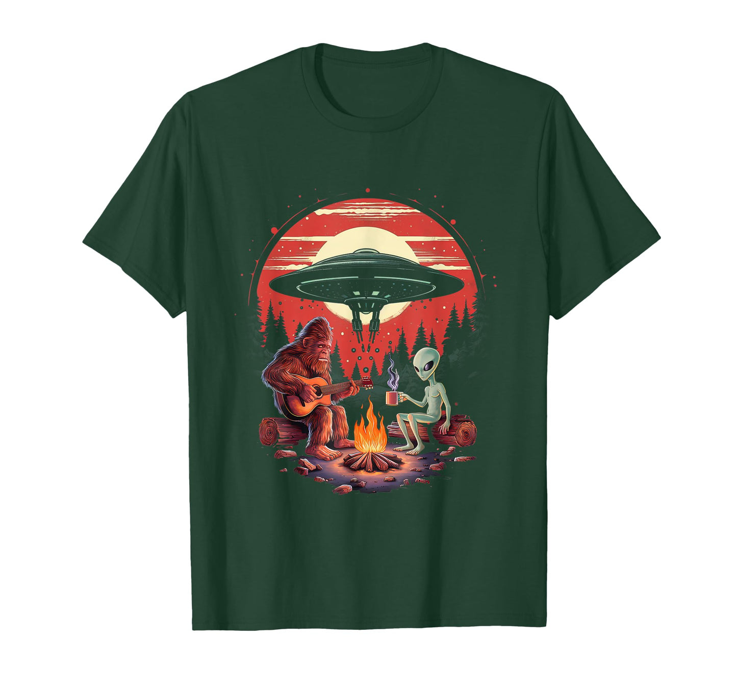 Alien And Bigfoot Campfire Sasquatch UFO For Outdoor Lovers T-Shirt