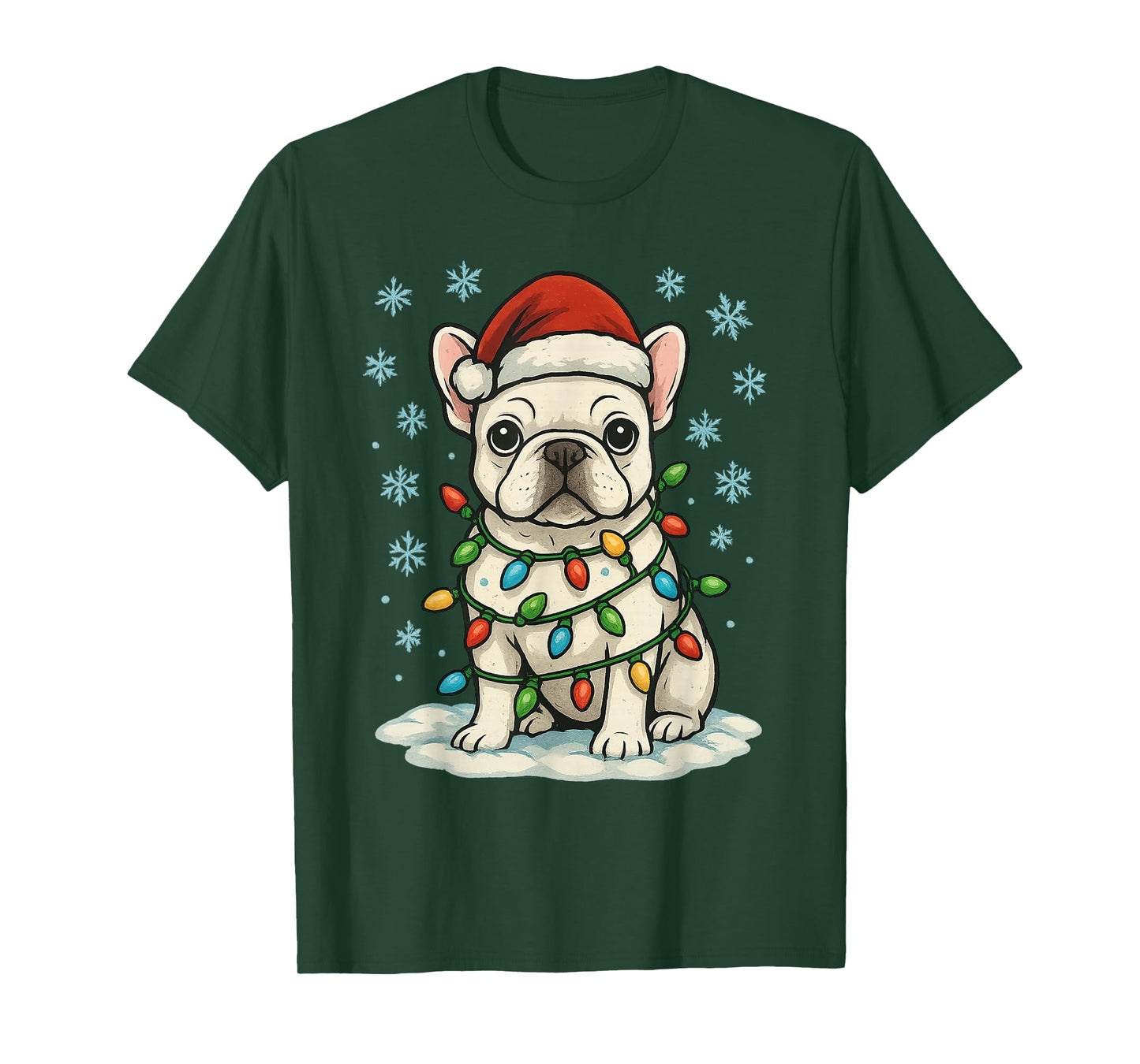 Christmas Lights Wrapped On Cute White French Bulldog Lover T-Shirt