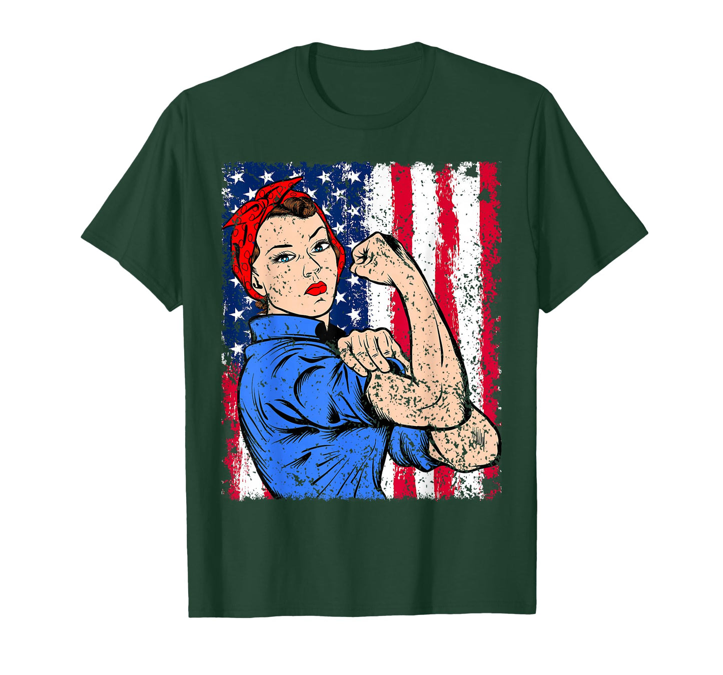 Rosie The Riveter Feminist Patriotic USA Flag 4th of July T-Shirt