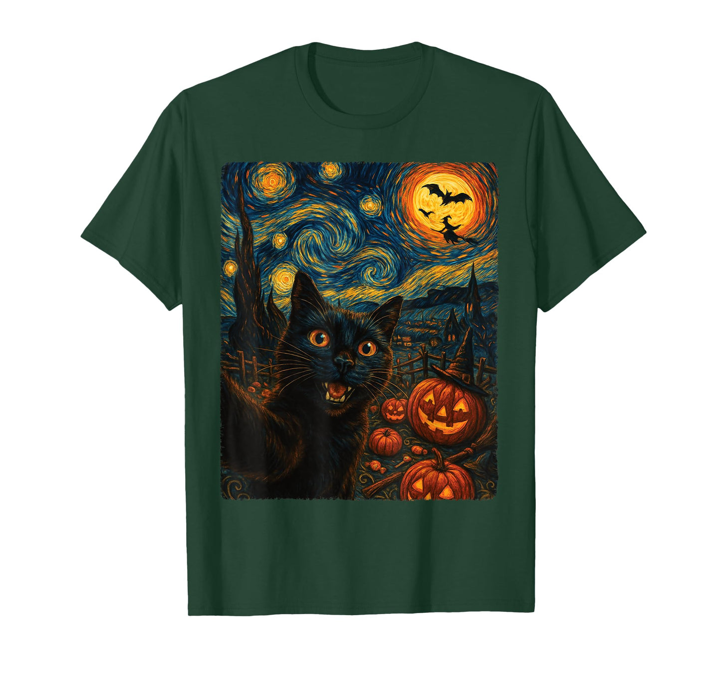 Halloween Black Cat Selfie Cat Lovers Van Gogh Starry Night Men Women Kids T-Shirt