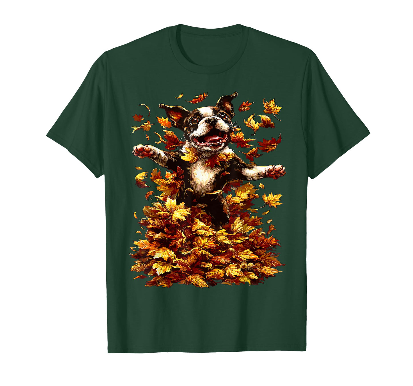 Boston Terrier with Fall Leaves Animal Autumn Aesthetic Dog T-Shirt