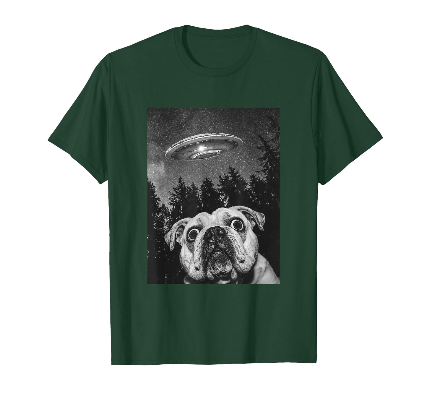 Surprised English Bulldog With Alien UFO, funny dog Men Women Girls Kids T-Shirt