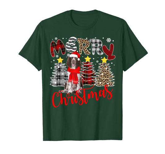 English Springer Spaniel Christmas Tree Leopard Plaid Print T-Shirt