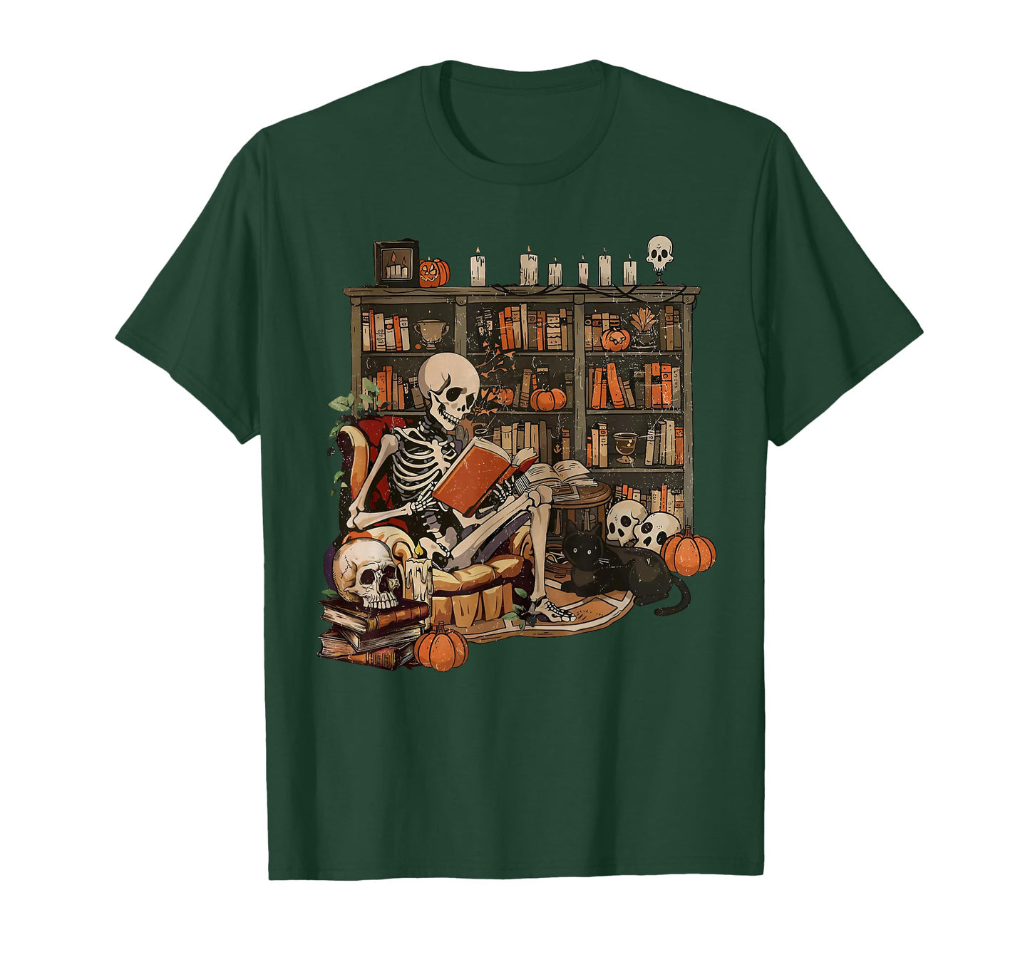 Skeleton Library Halloween Book Reading Books Lover Teacher T-Shirt
