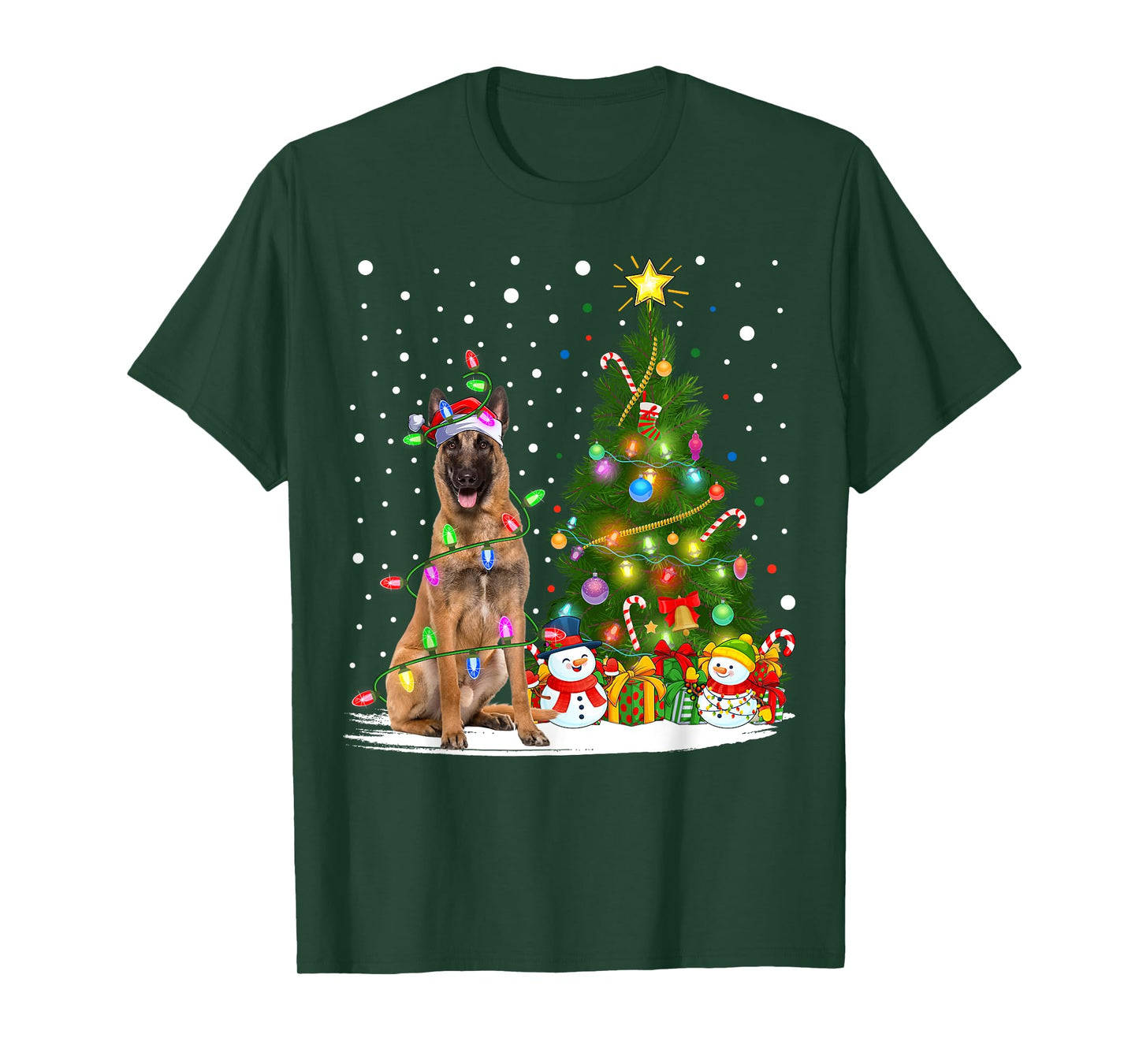 Lighting Xmas Tree Santa Belgian Malinois Dog Christmas Men Women Kids T-Shirt