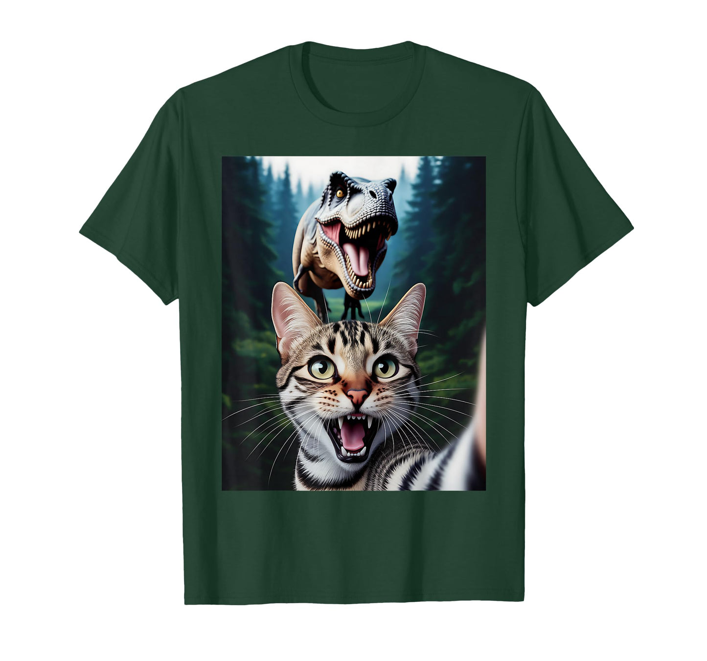 Funny Cat Selfie With T-Rex Dinosaur Cat Men Women Kids T-Shirt