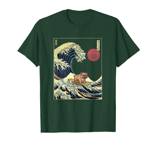 English Bulldog Japanese Kanagawa Wave Funny Surf Dog T-Shirt