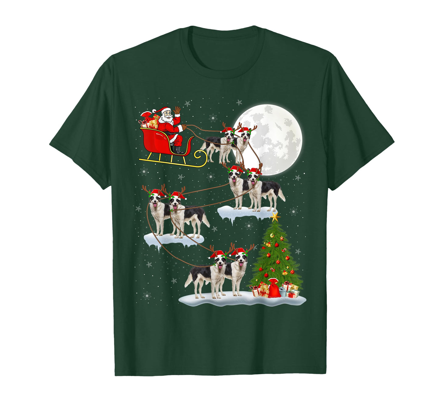 Xmas Lighting Tree Santa Riding Border Collie Christmas T-Shirt