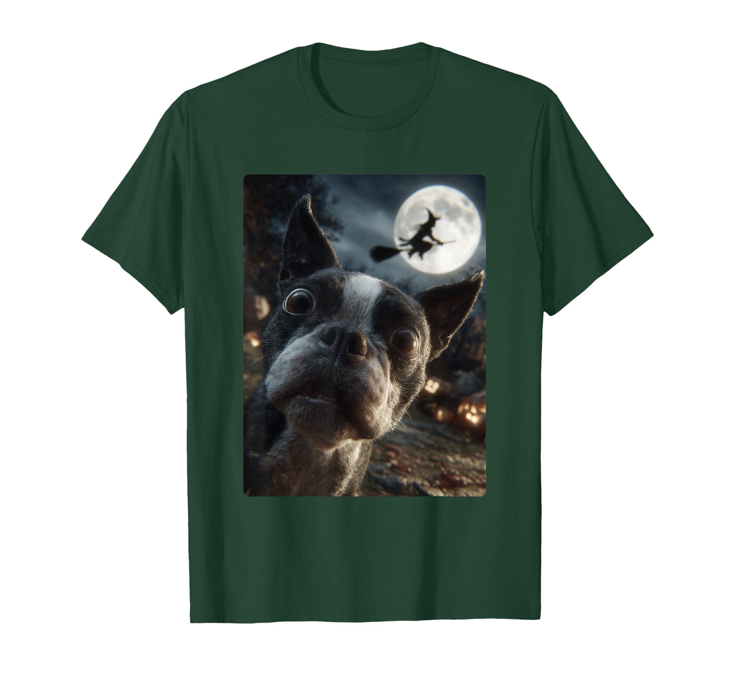 Boston Terrier Selfie Full Moon Flying Witch Halloween Dog T-Shirt