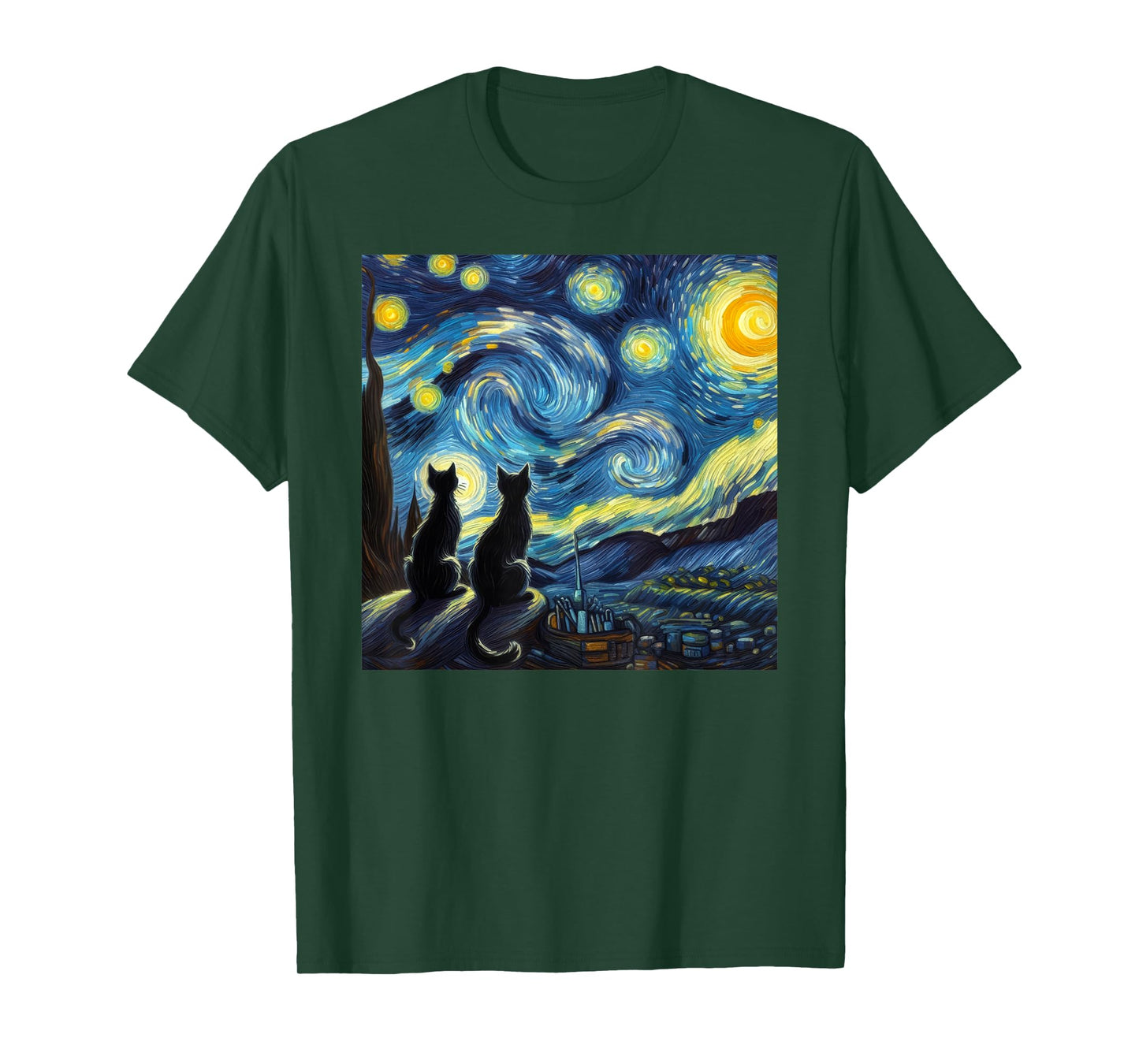 Black Cats Lover Starry Night Van Gogh T-Shirt