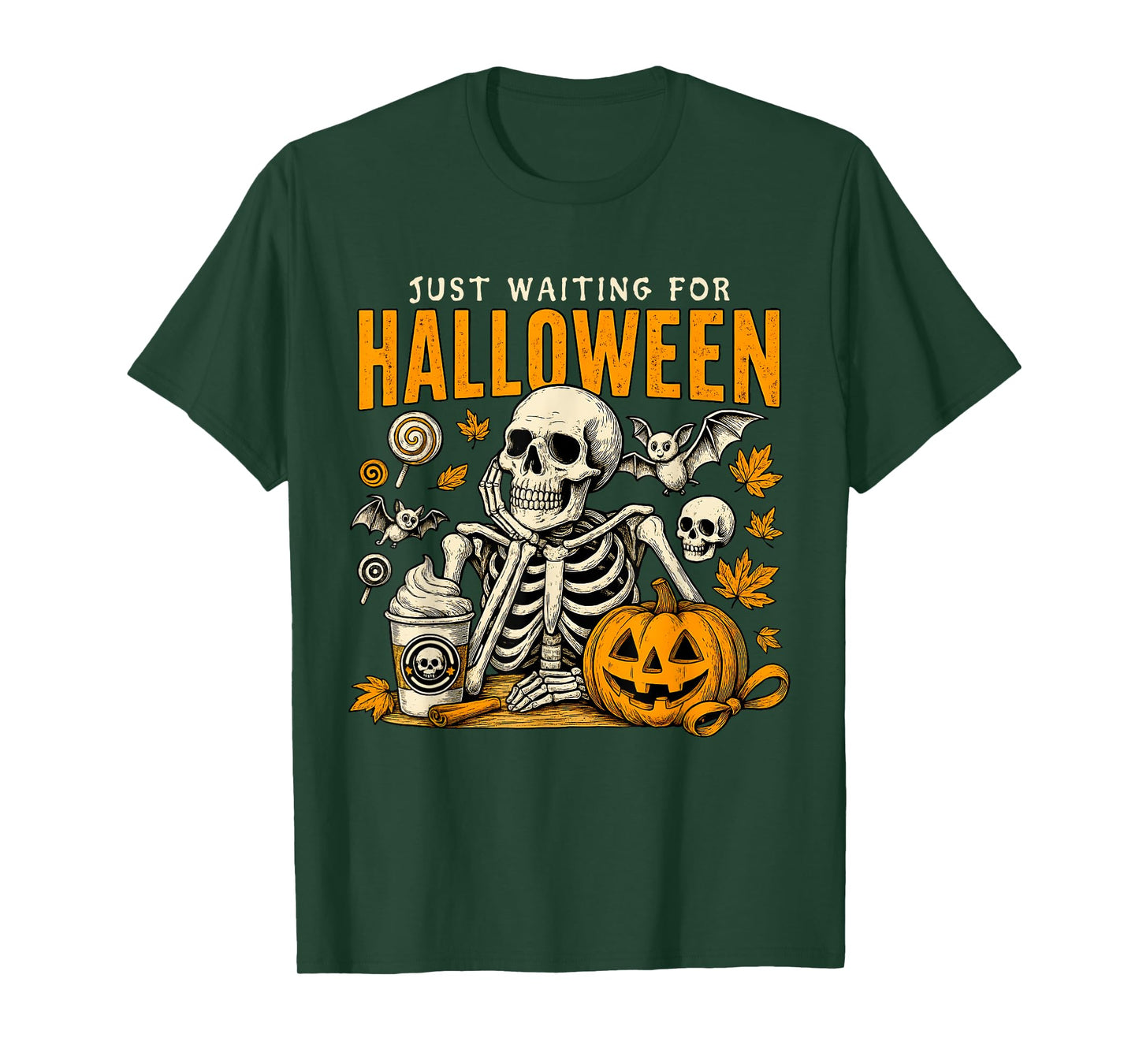 Just Waiting For Halloween Skeleton Spooky Season Pumpkin T-Shirt