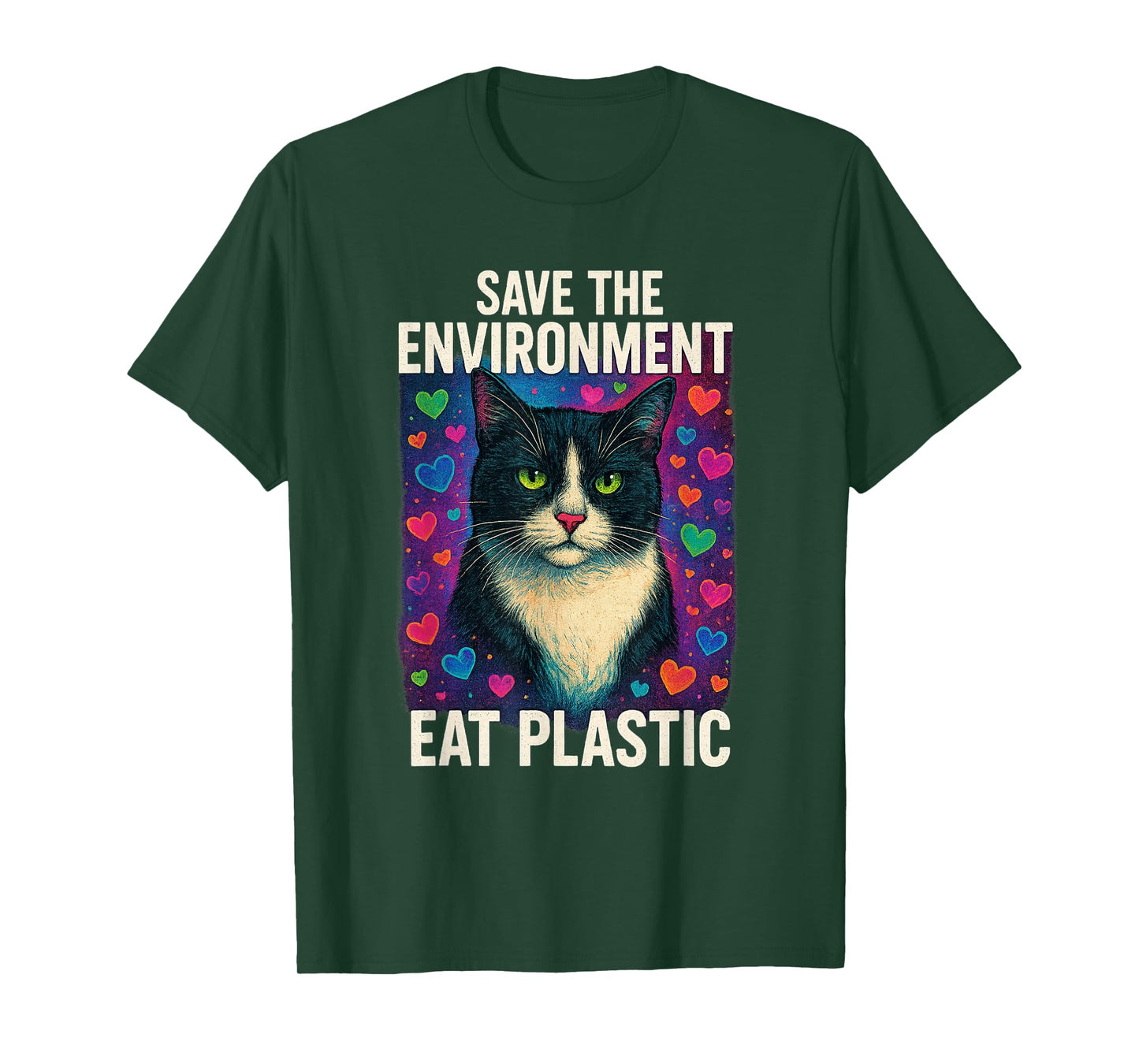 Save The Environment Eat Plastic Funny Cute Cat Meme T-Shirt