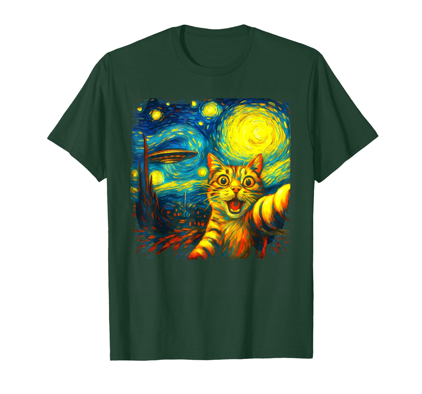 Cat Selfie With Alien UFO Funny Starry Night Van Gogh T-Shirt