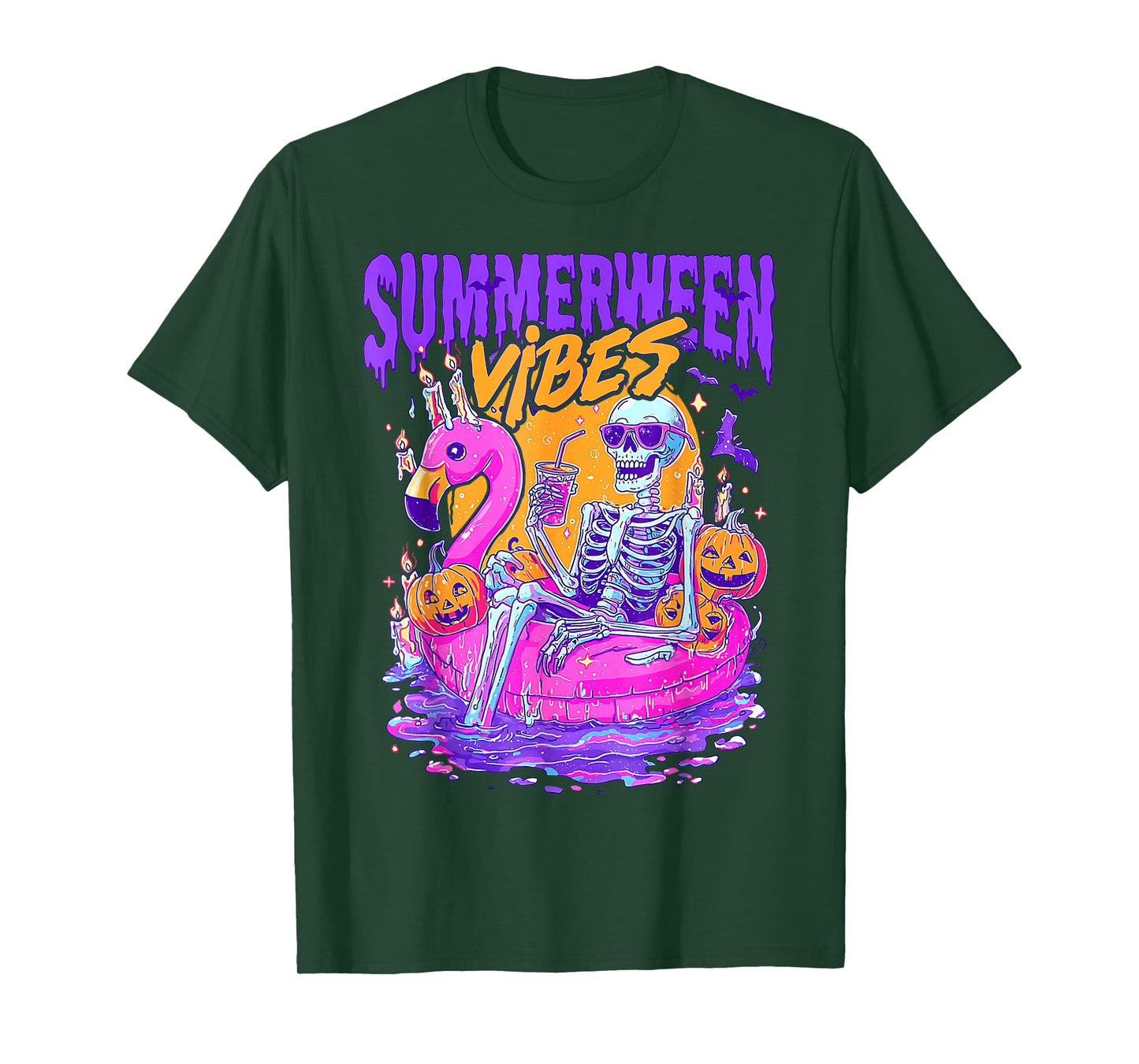 Summerween Vibes Spooky Skeleton Flamingo Pool Halloween T-Shirt