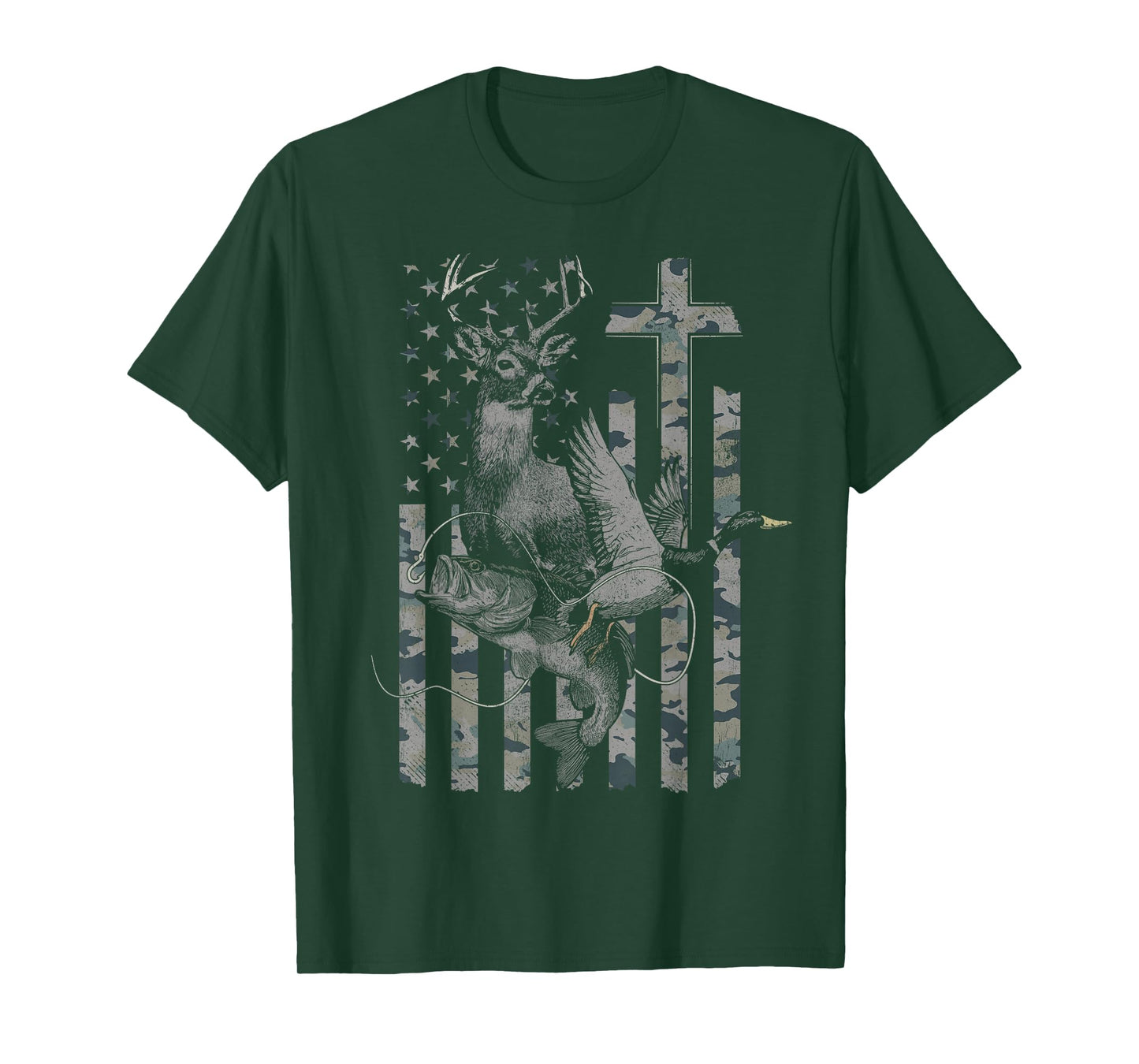 Christian Hunting and Fishing Camo American Flag T-Shirt