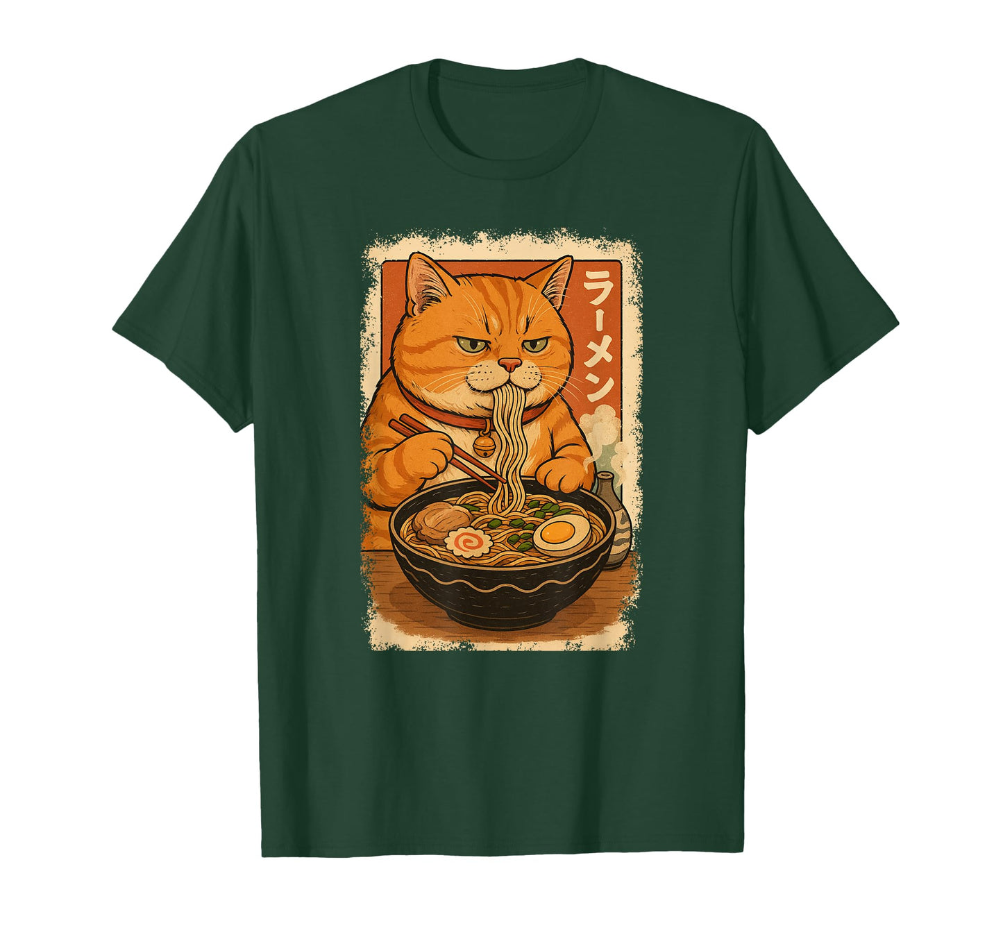 Orange Tabby Cat Eats Ramen Noodles Japanese Vintage T-Shirt