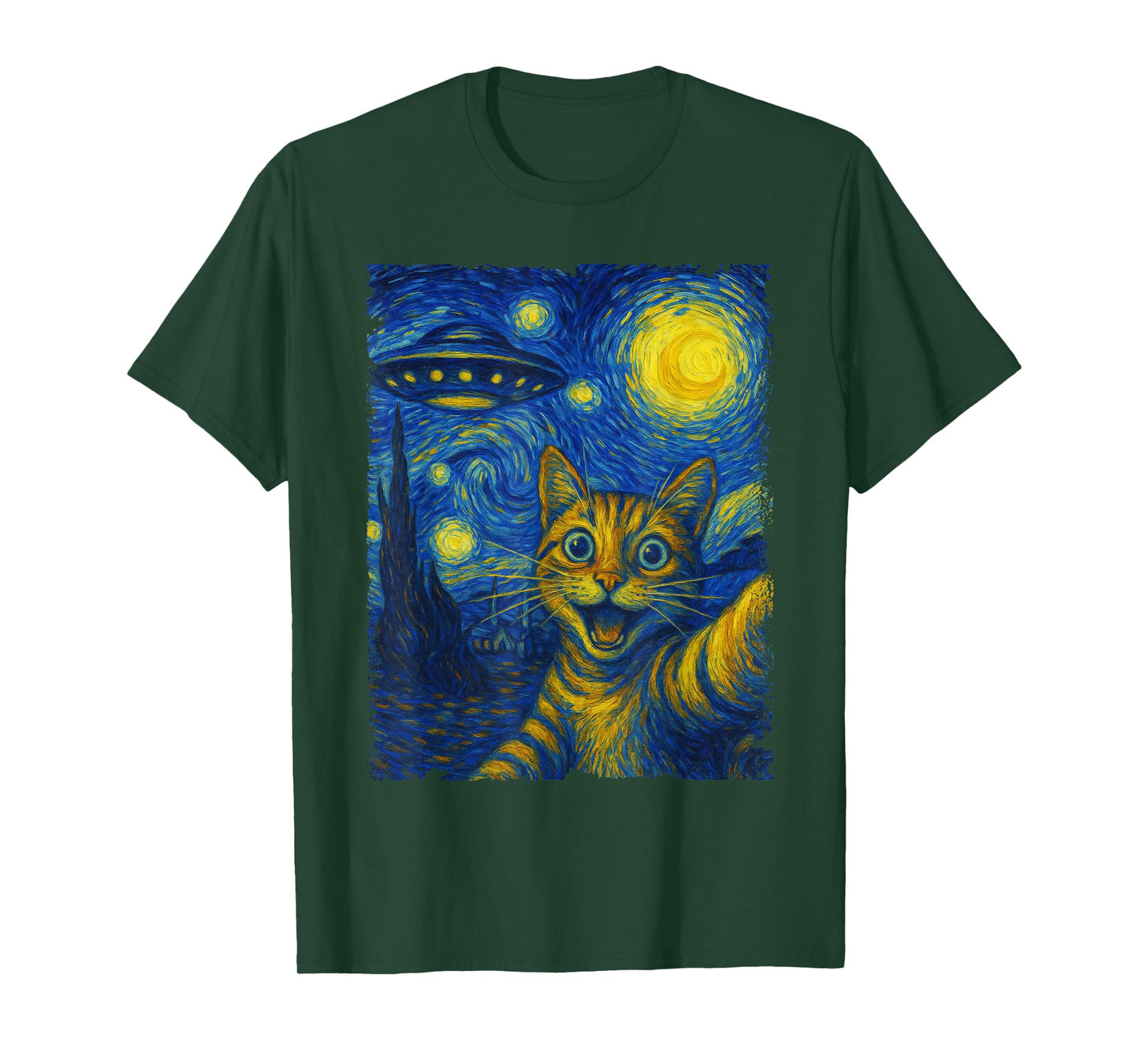 Cat Selfie With Alien UFO Funny Starry Night Van Gogh T-Shirt