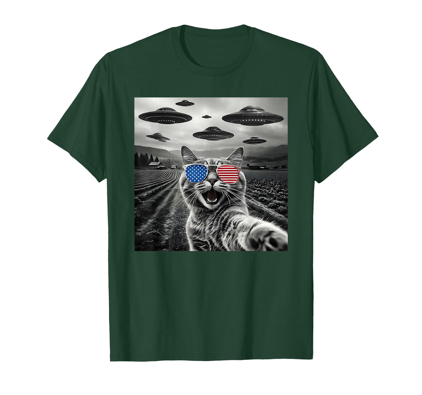 4th Of July Cat Selfie With Alien UFO USA Flag Sunglasses Men Women Kids T-Shirt