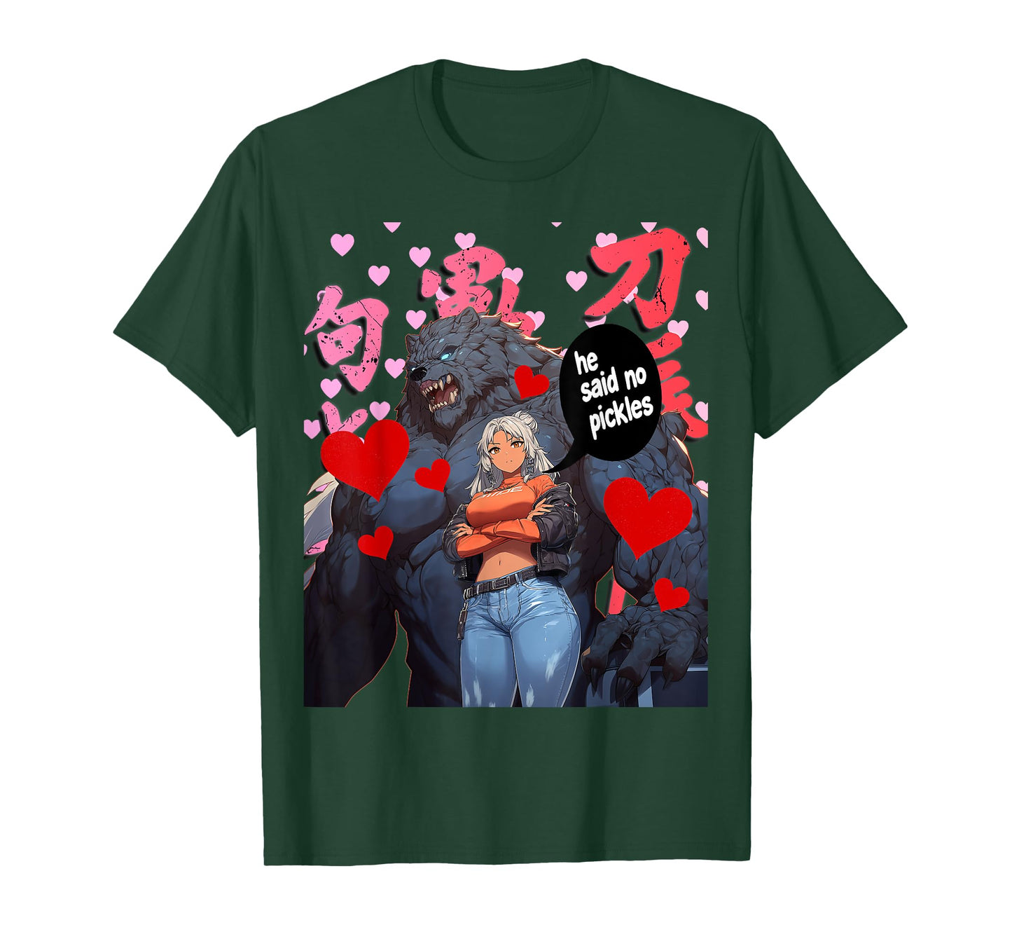 Funny Valentines Anime Werewolf and Waifu He Said No Pickles T-Shirt