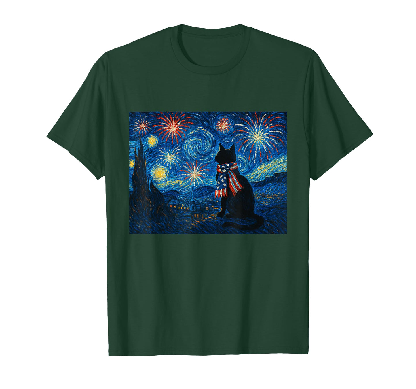 Cat Starry Night Van Gogh 4th of July Patriotic Cat Lover Men Women Kids T-Shirt
