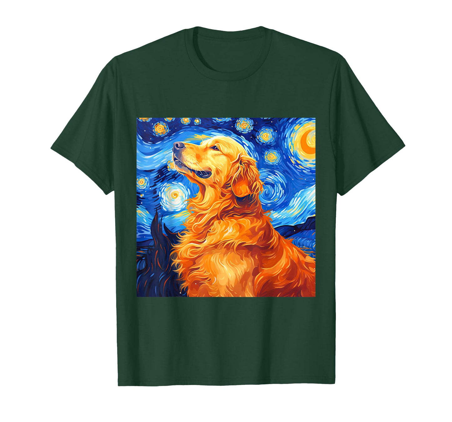 Golden Retriever Dog Starry Night Vincent Van Gogh Painting T-Shirt for Men Women Kids