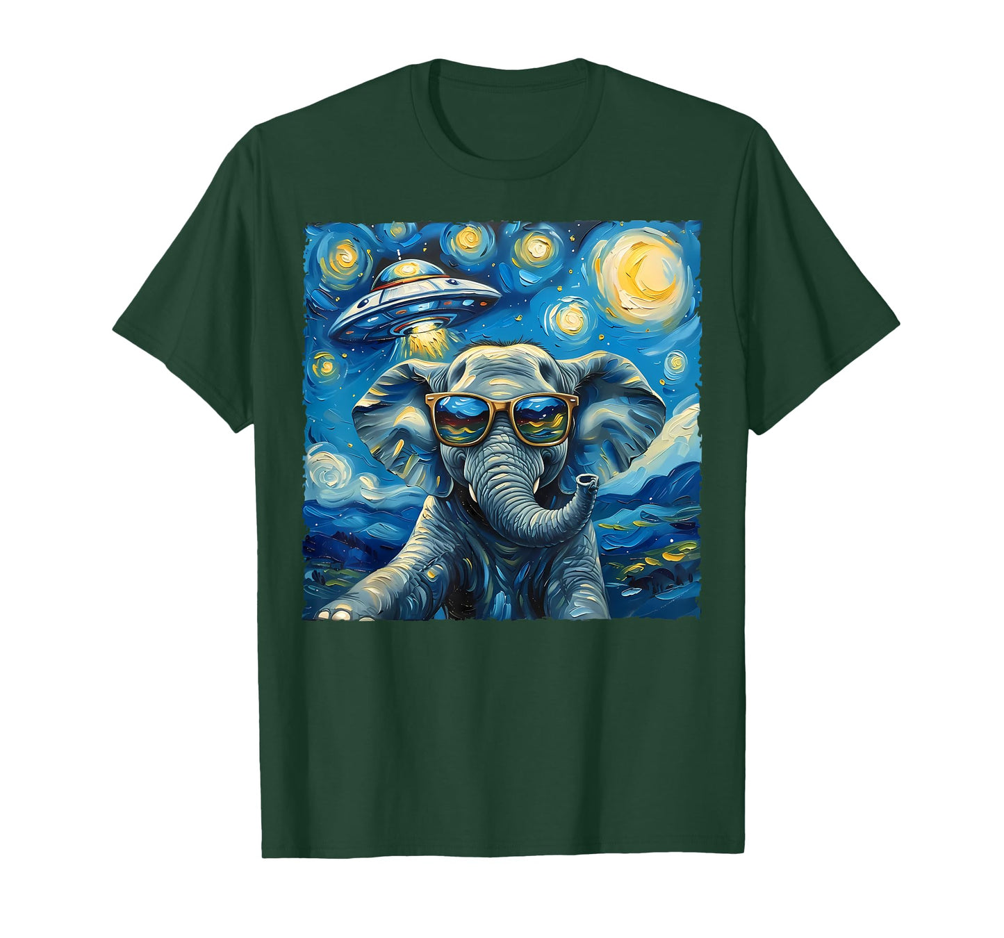 Elephant Selfie Van Gogh Style Starry Night Alien UFO Sci-Fi T-Shirt