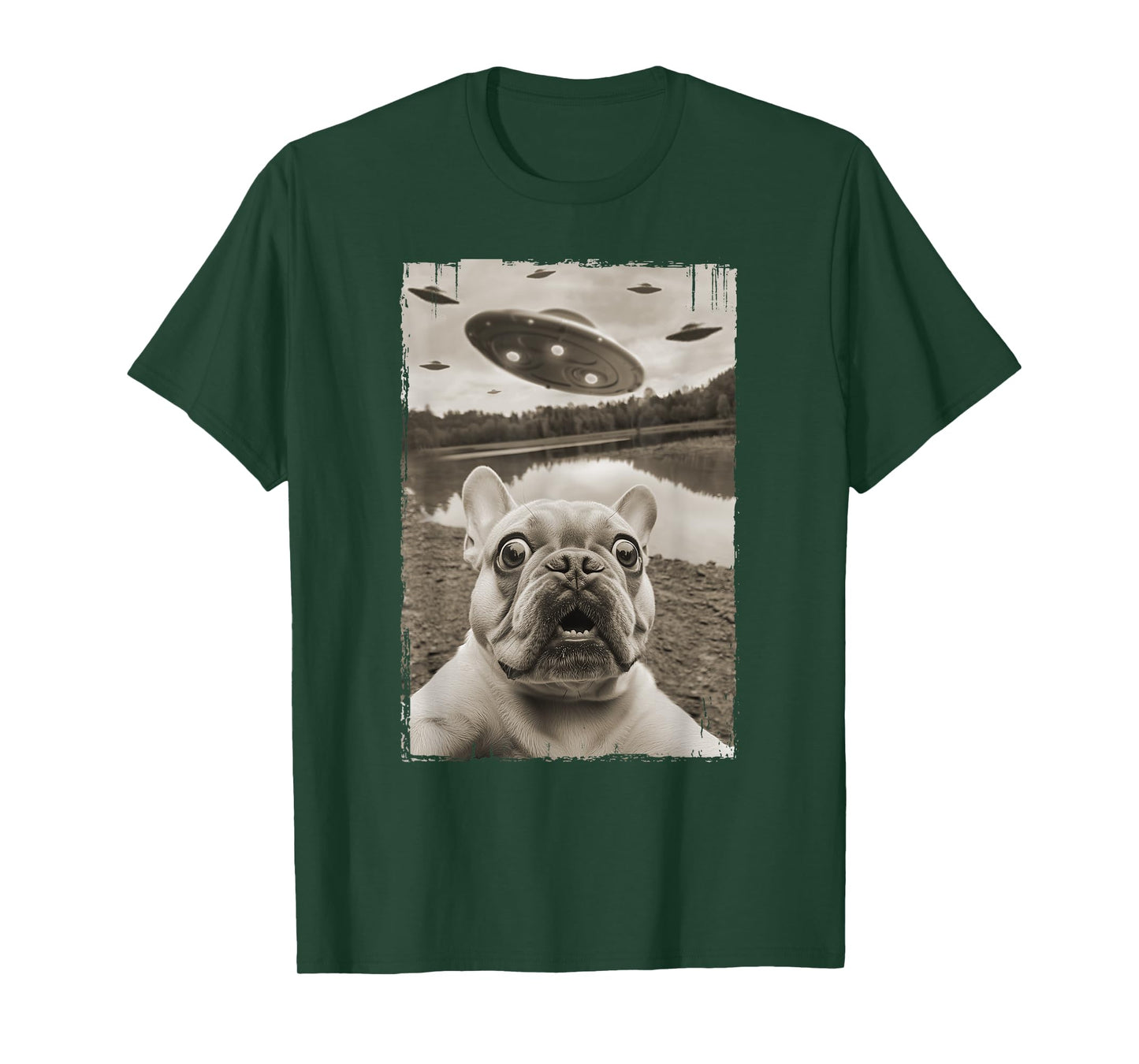 French Bulldog and UFO - Funny UFO and French Bulldog Selfie T-Shirt for Men Women Kids