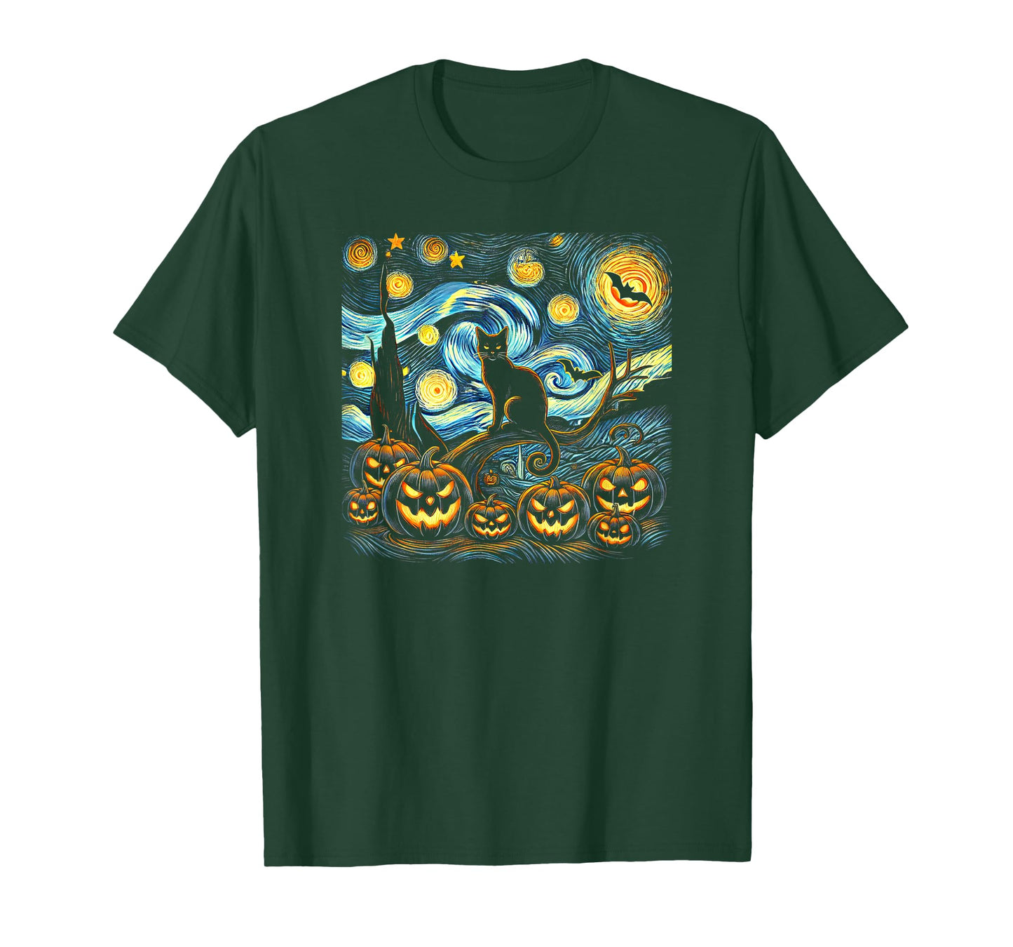 Halloween Van Gogh Starry Night Pumpkin Black Cat Costume T-Shirt