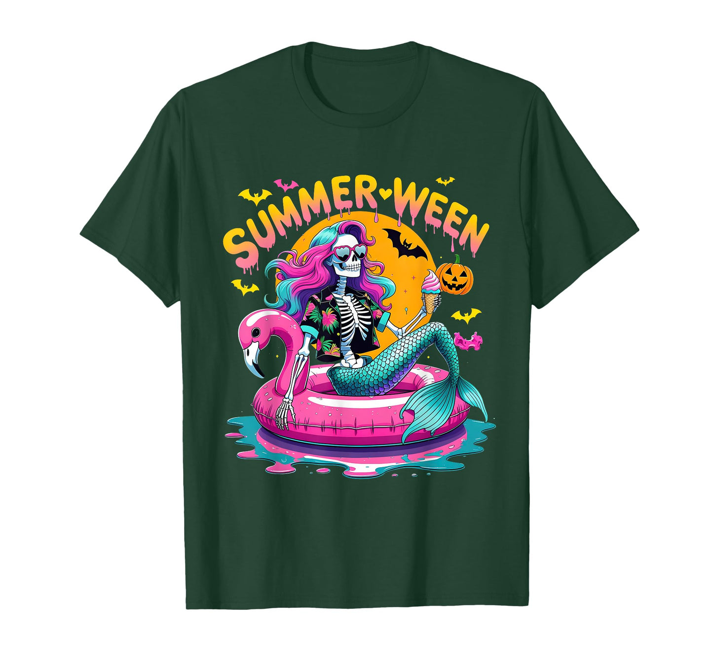 Summerween Vibes Spooky Summer Mermaid Skeleton Halloween T-Shirt