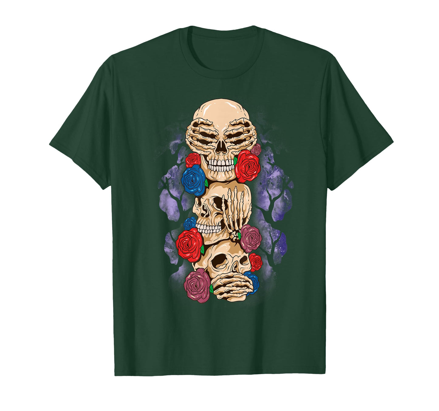 Skull Halloween See No Evil Hear Speak Wise Monkey Rose T-Shirt