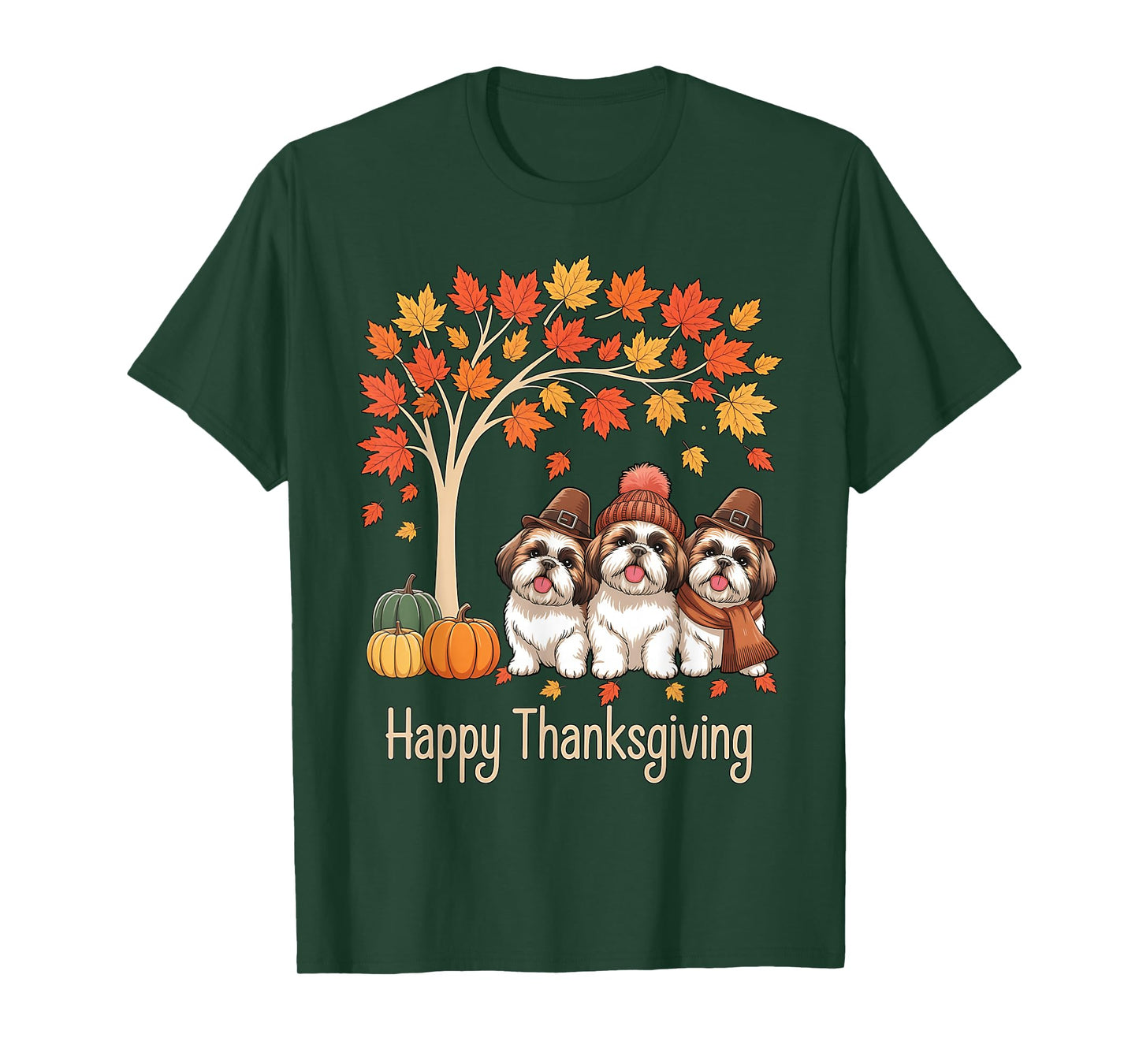 Funny Three Shih Tzu Dogs Tree Happy Thanksgiving T-Shirt