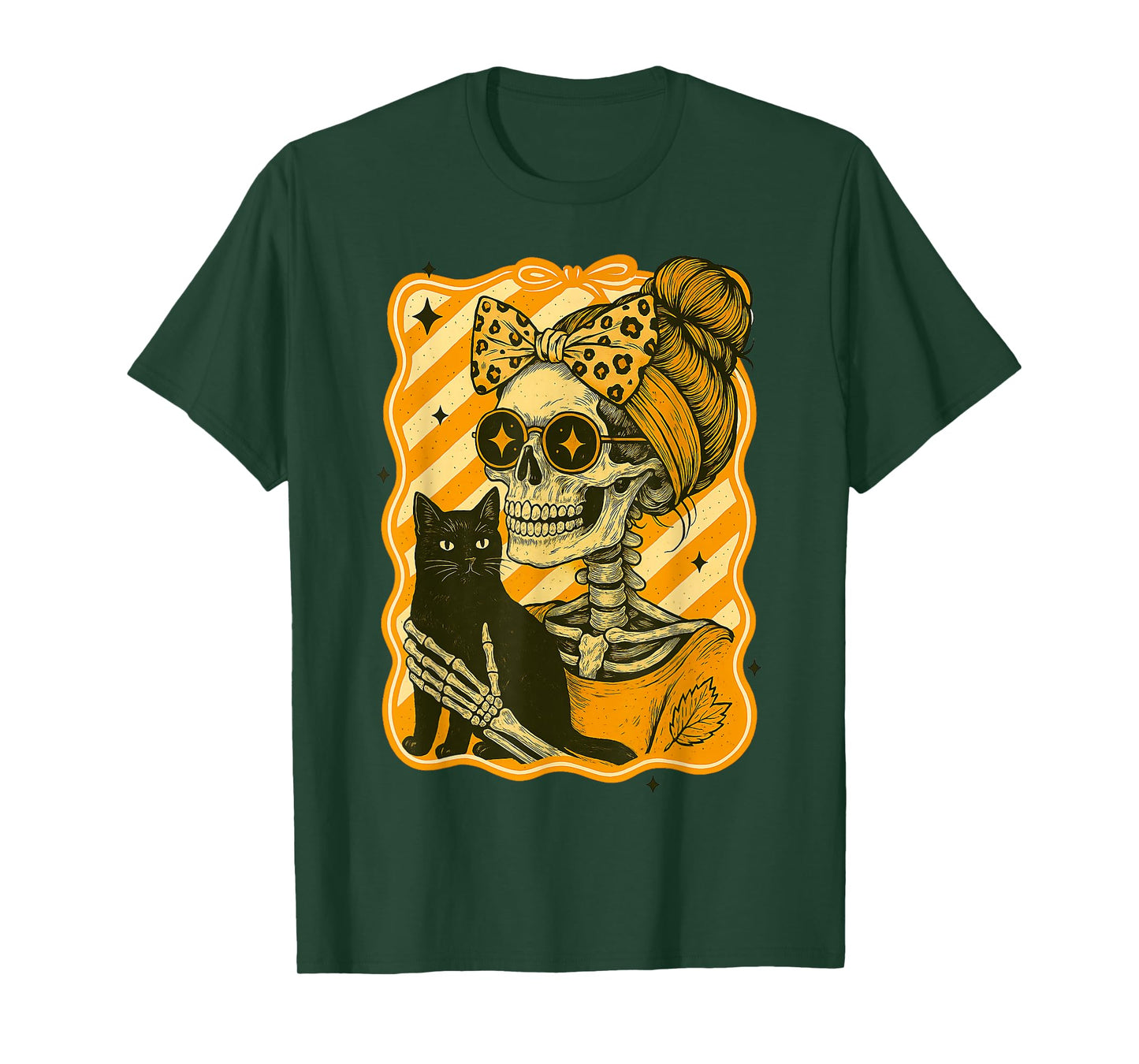HUGvyn Halloween: Skeleton Hugging Cat Skull Fall Bow Womens T-Shirt