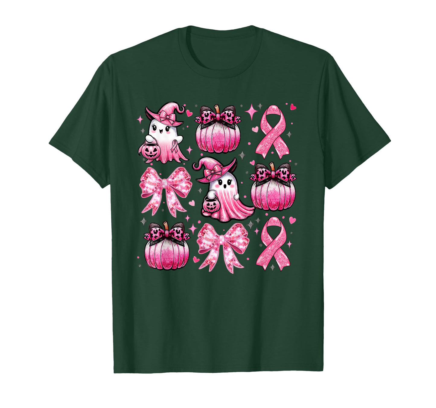 Pink Ghost Coquette Bow Halloween Breast Cancer Awareness T-Shirt