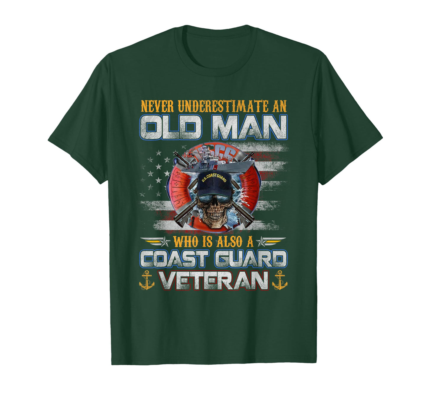 Never Underestimate an Old Man U.S Coast Guard Veteran Flag T-Shirt