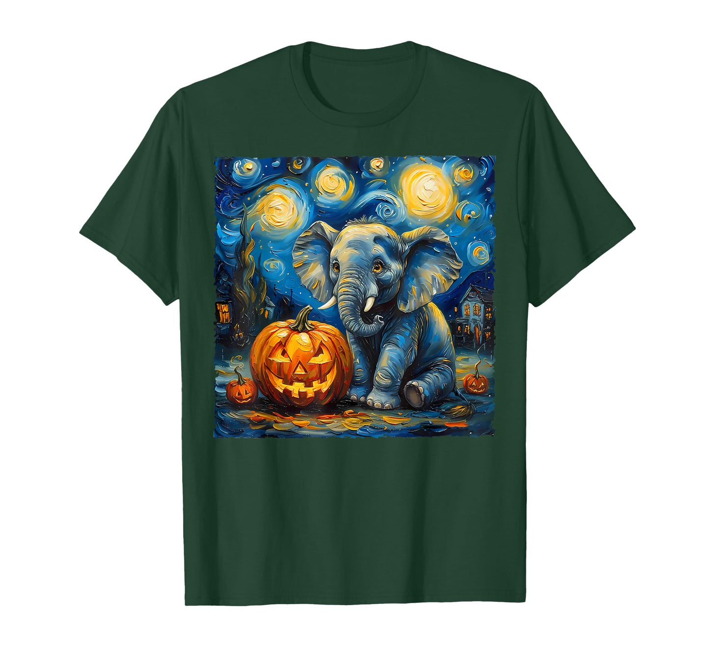 Elephant Pumpkin Van Gogh Starry Night Art Style Halloween T-Shirt